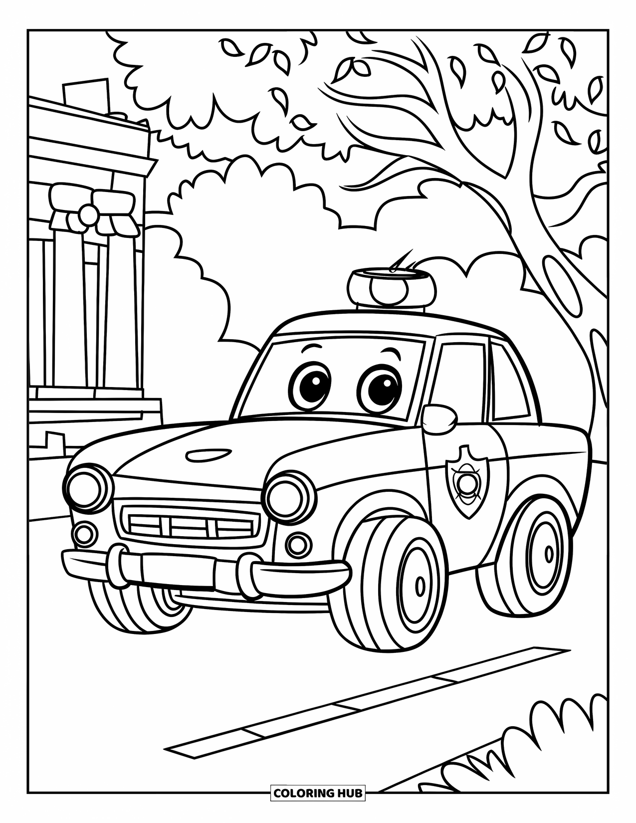 Police Coloring Page for Kids: A cute police car with big wheels parked by a tree and building