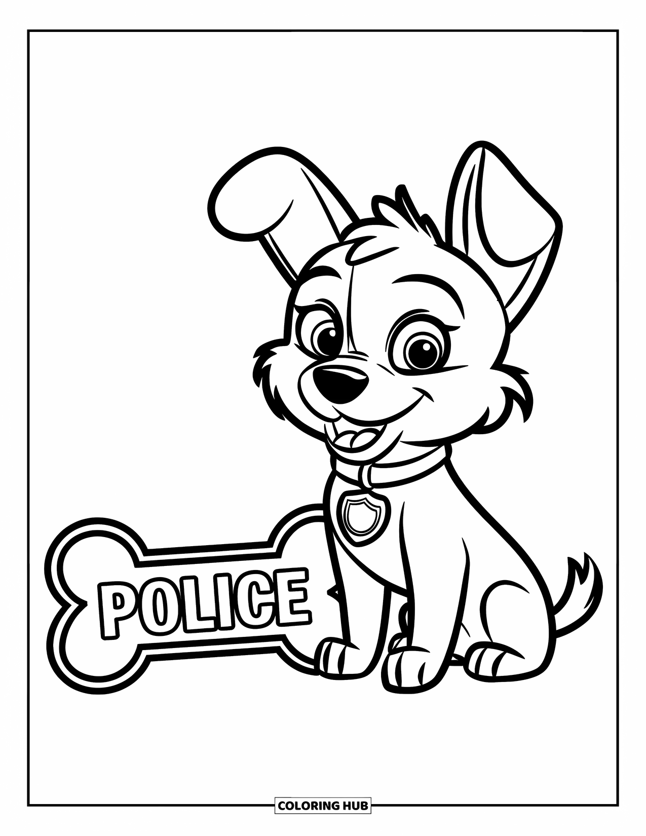 Police Coloring Page for Kids: A cute police dog with a shiny badge sits beside a bone sign saying "POLICE"