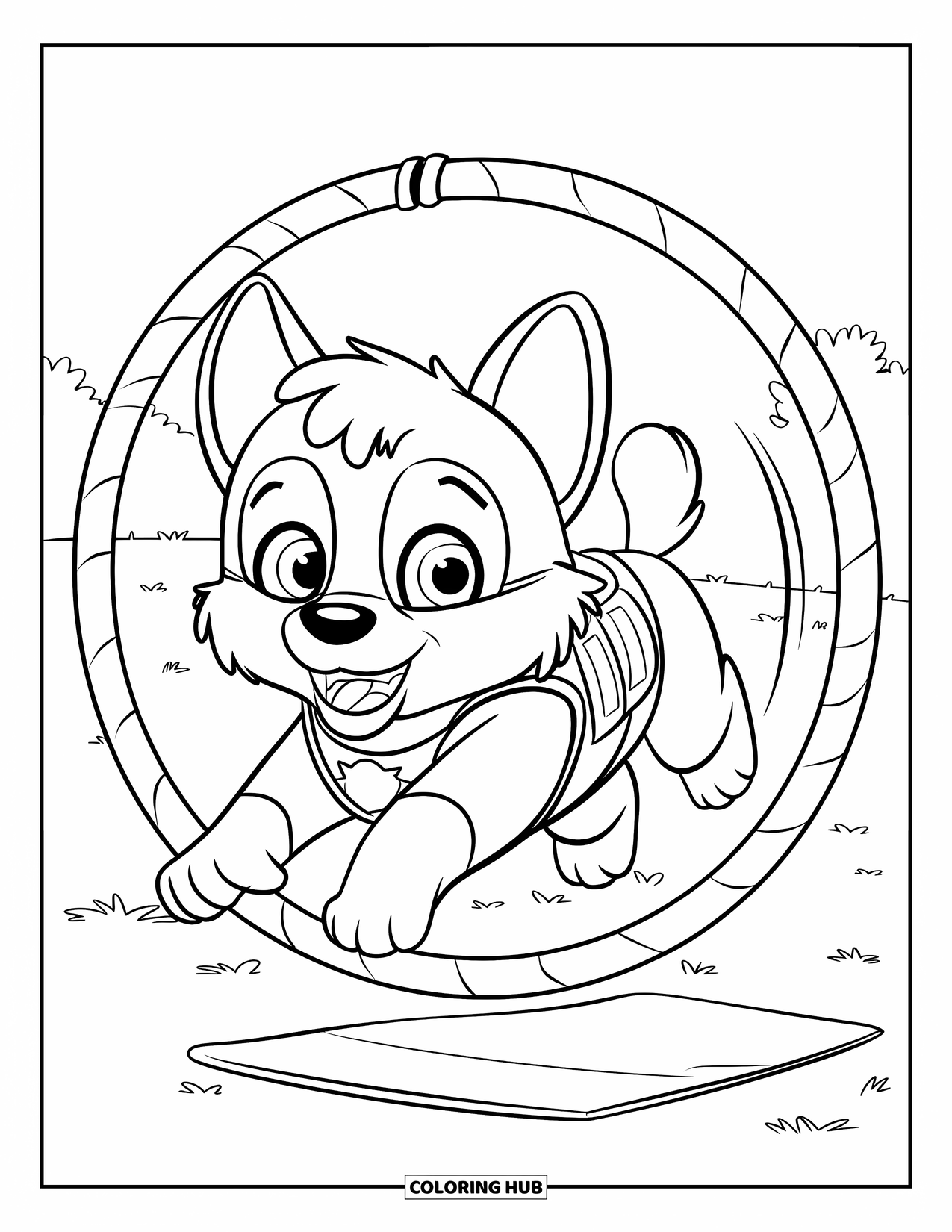 Police Coloring Page for Kids: A fluffy K9 unit with big eyes jumps through a training hoop by trees