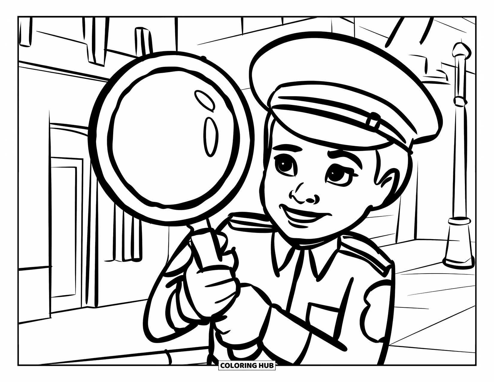 Police Coloring Page for Kids: A friendly officer holds a big magnifying glass near a building and lamp post