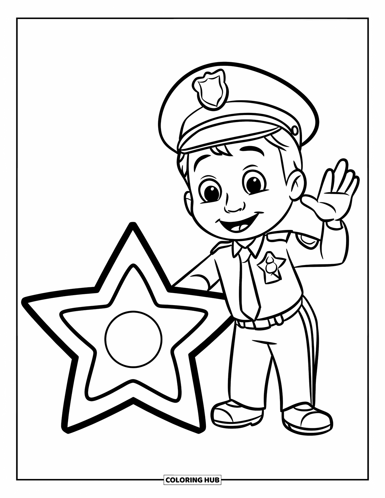 Police Coloring Page for Kids: A friendly officer with a mustache waves beside a big star badge