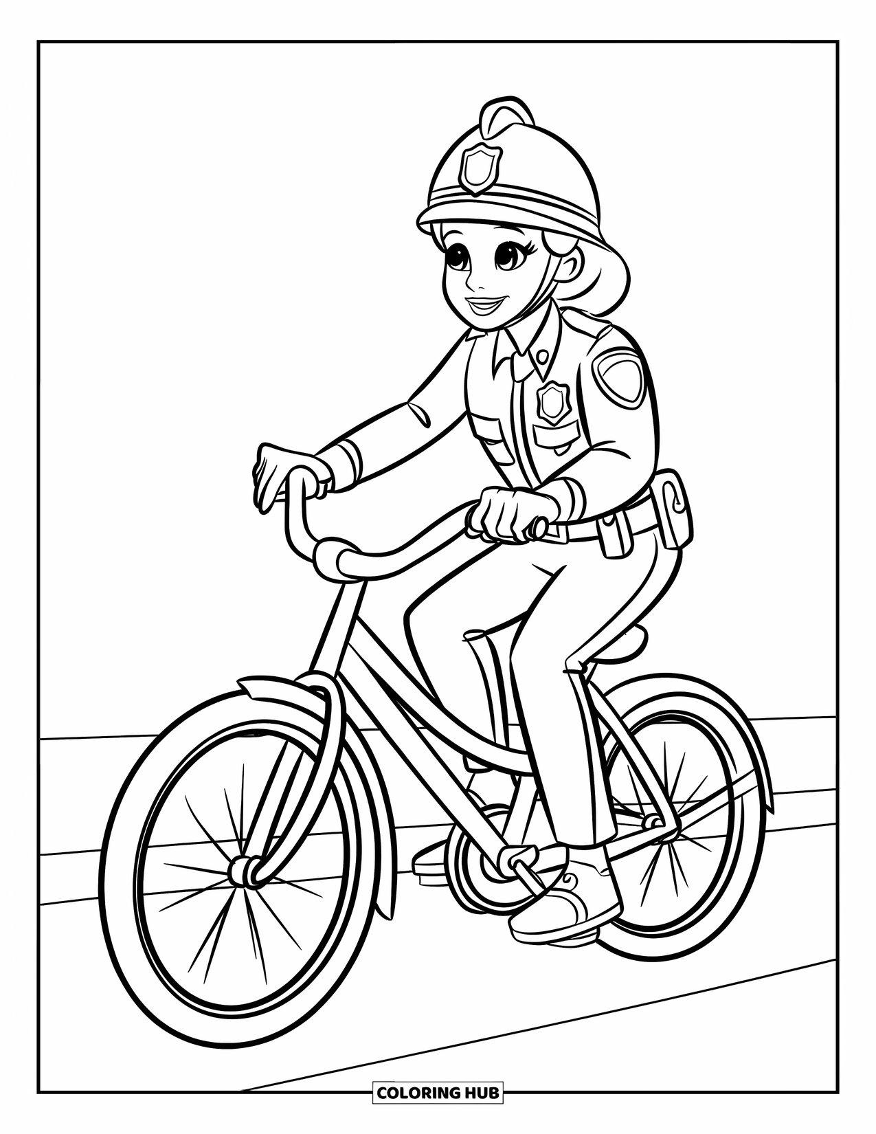 Police Coloring Page for Kids: A friendly police officer rides a bicycle wearing a helmet and badge