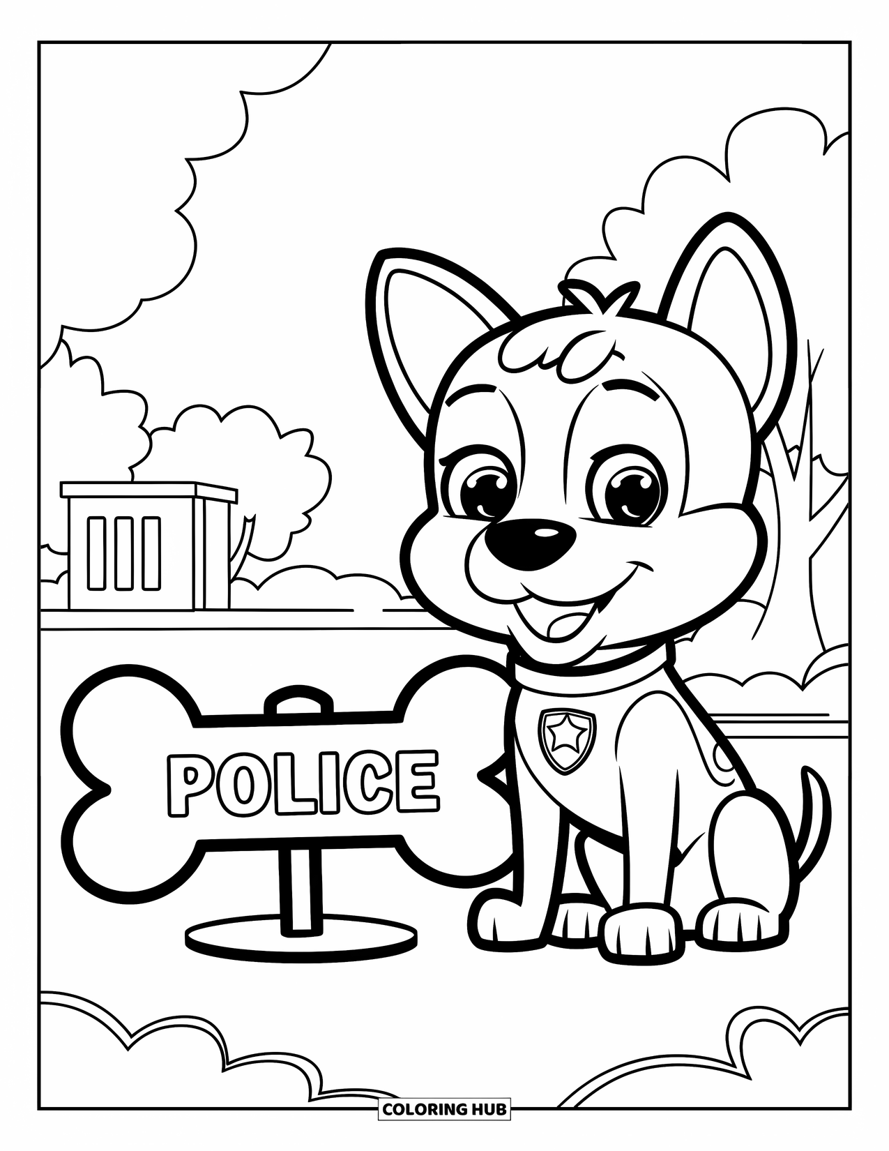 Police Coloring Page for Kids: A K9 dog in uniform sits near a bone sign with trees and a building