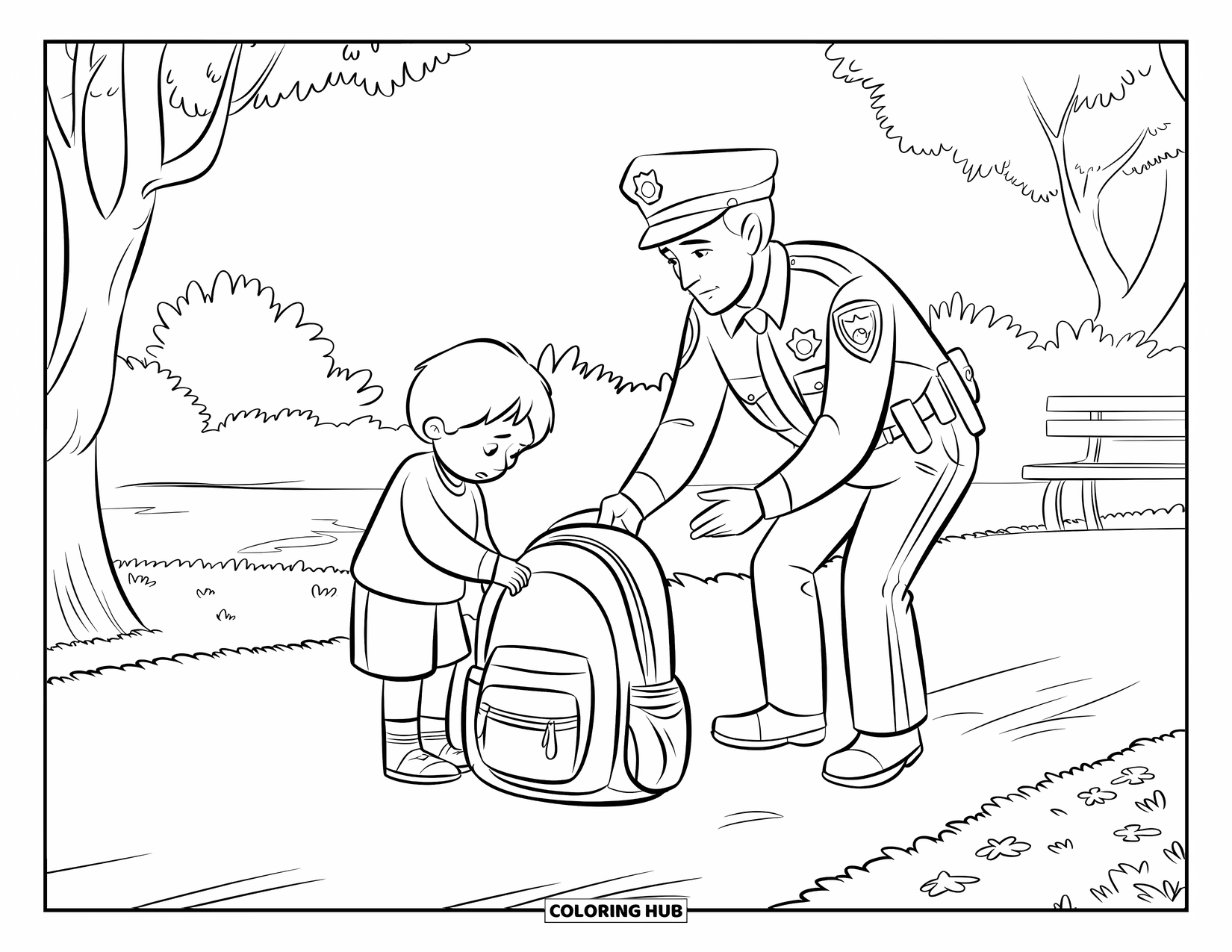 Police Coloring Page for Kids: A kind officer helps a sad child find a missing backpack at the park