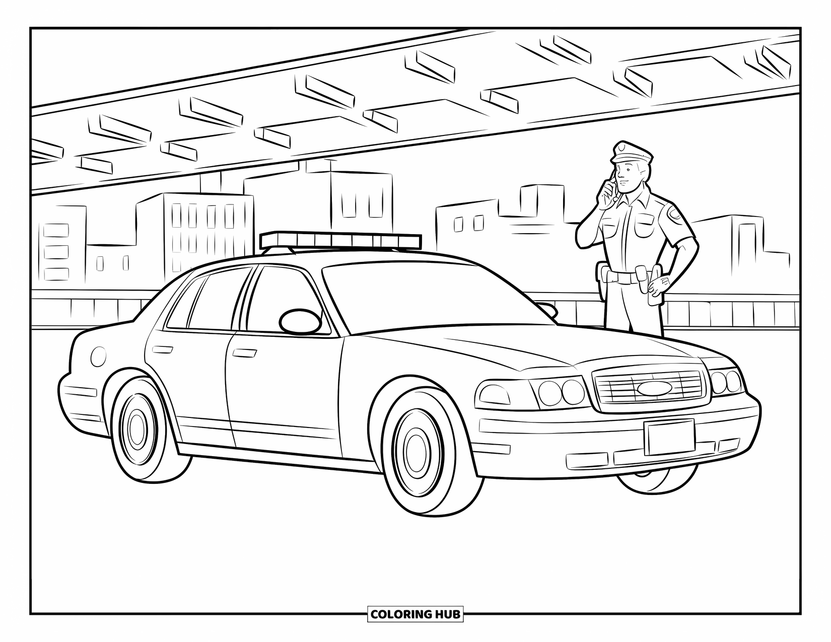 Police Coloring Page for Kids: A patrol car under a bridge with an officer talking on a walkie-talkie