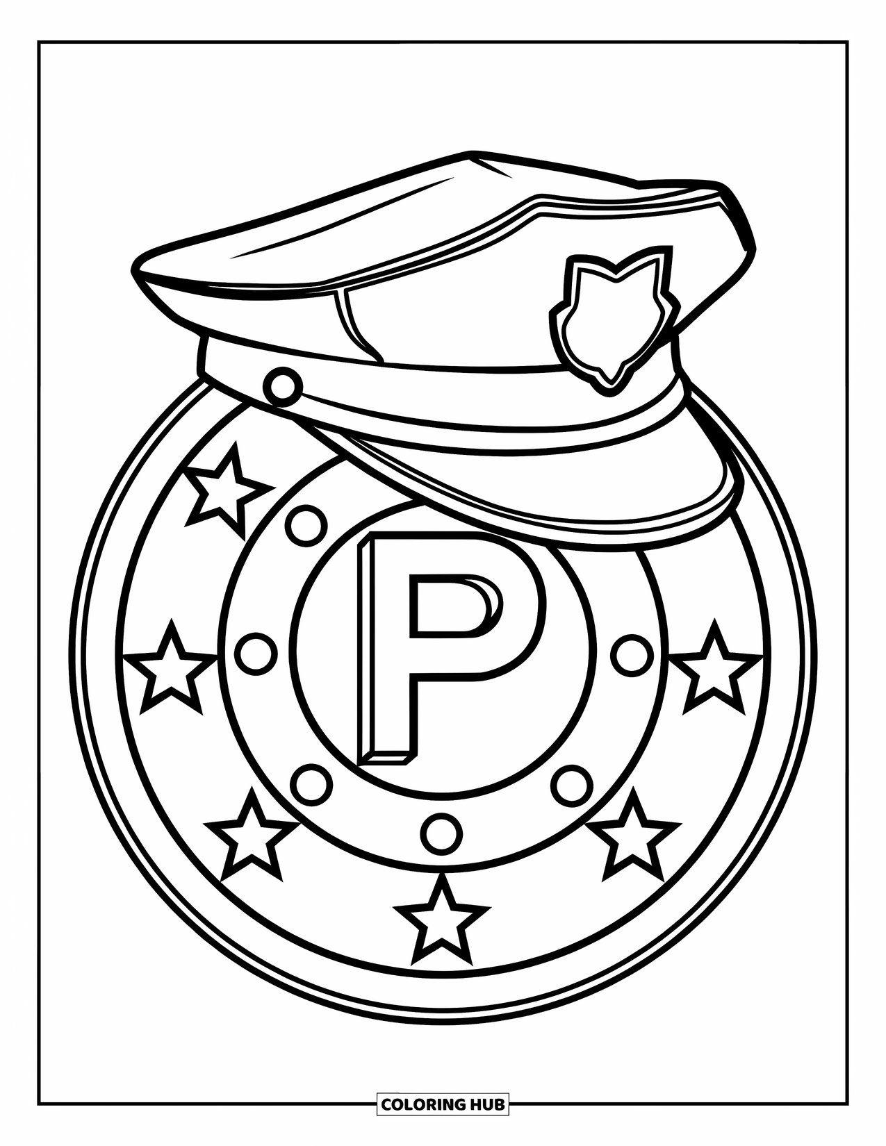 Police Coloring Page for Kids: A police cap rests on a shield with a large 'P' and scattered stars