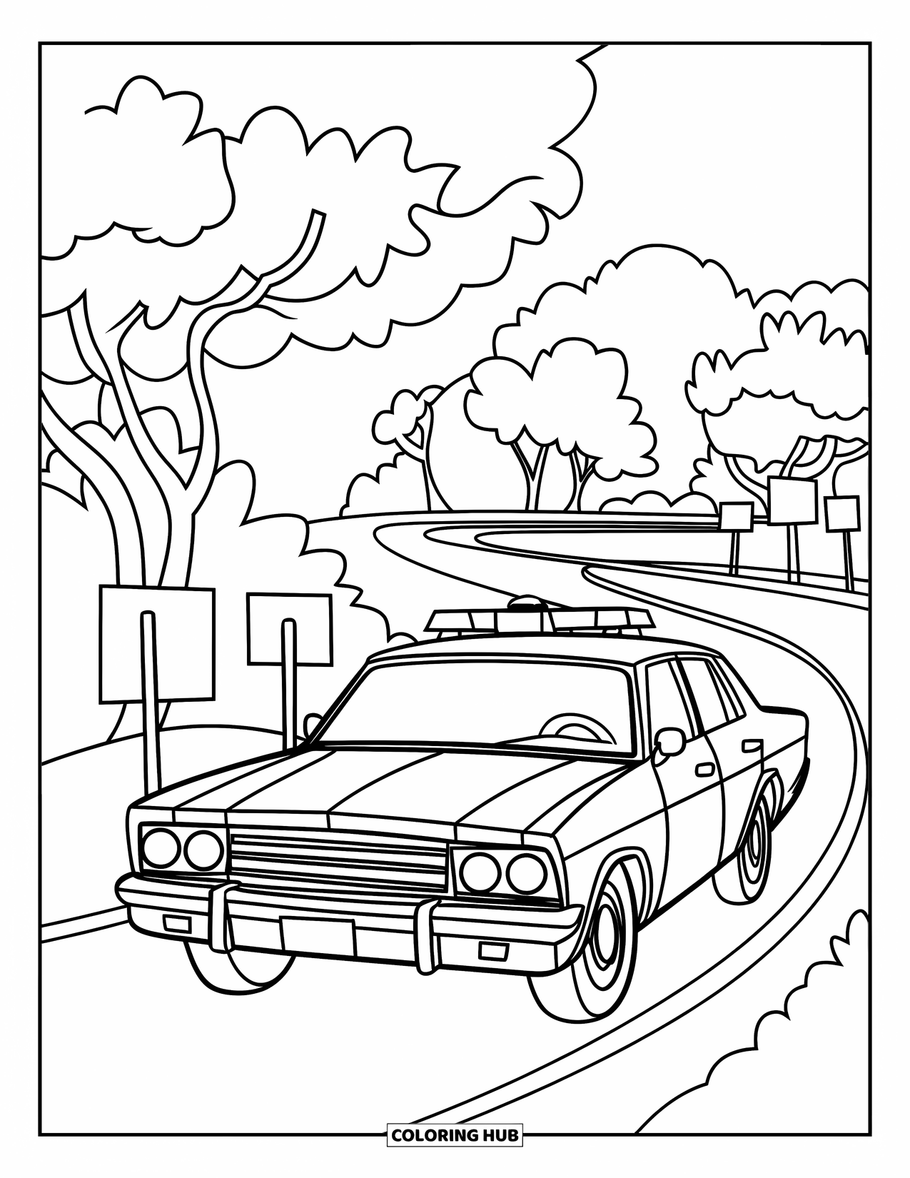 Police Coloring Page for Kids: A police car drives down a curvy road with trees and road signs