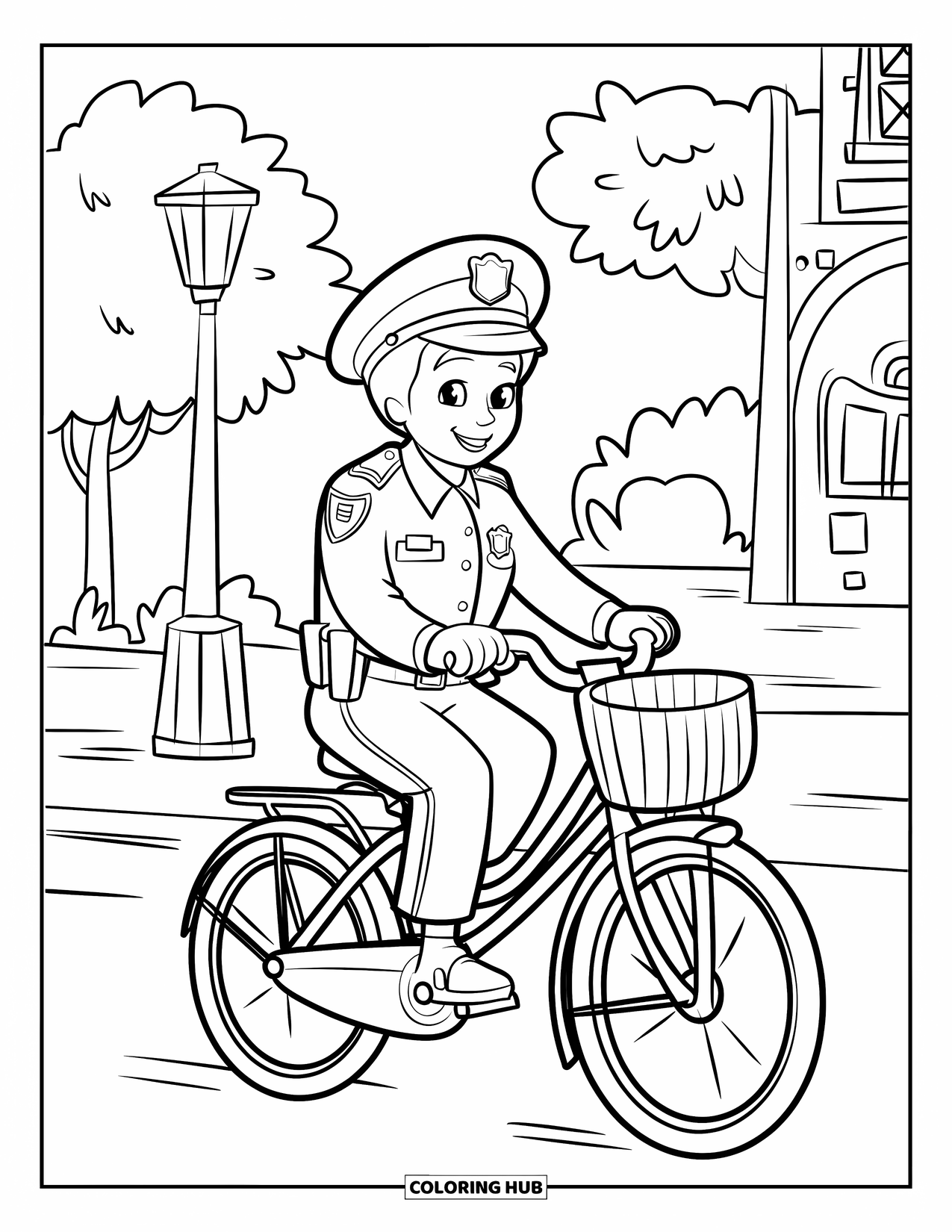 Police Coloring Page for Kids: A police officer rides a bicycle with a basket past trees and a building