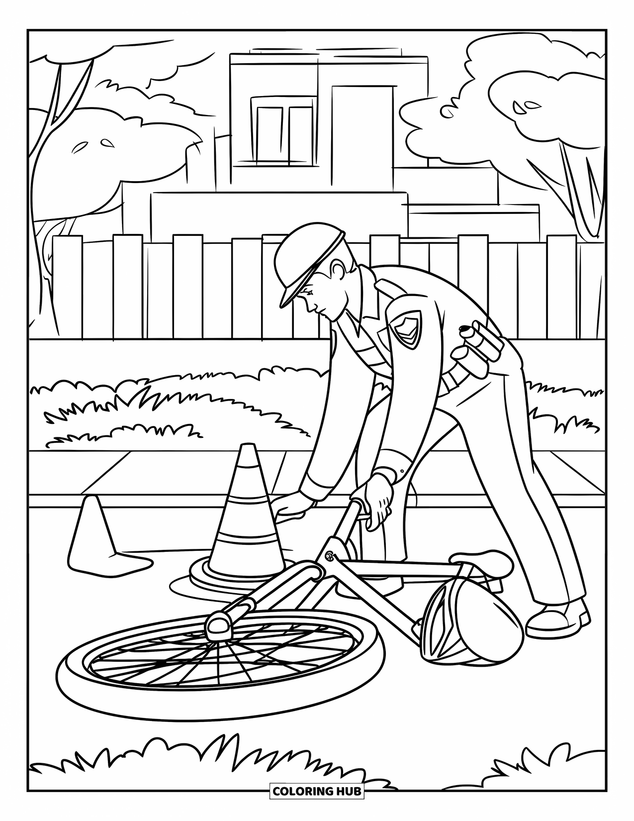 Police Coloring Page for Kids: A police officer secures an area with cones around a fallen bike