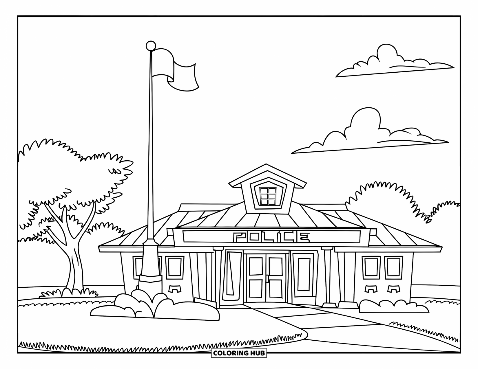 Police Coloring Page for Kids: A police station with flagpole, small window, and a tree nearby