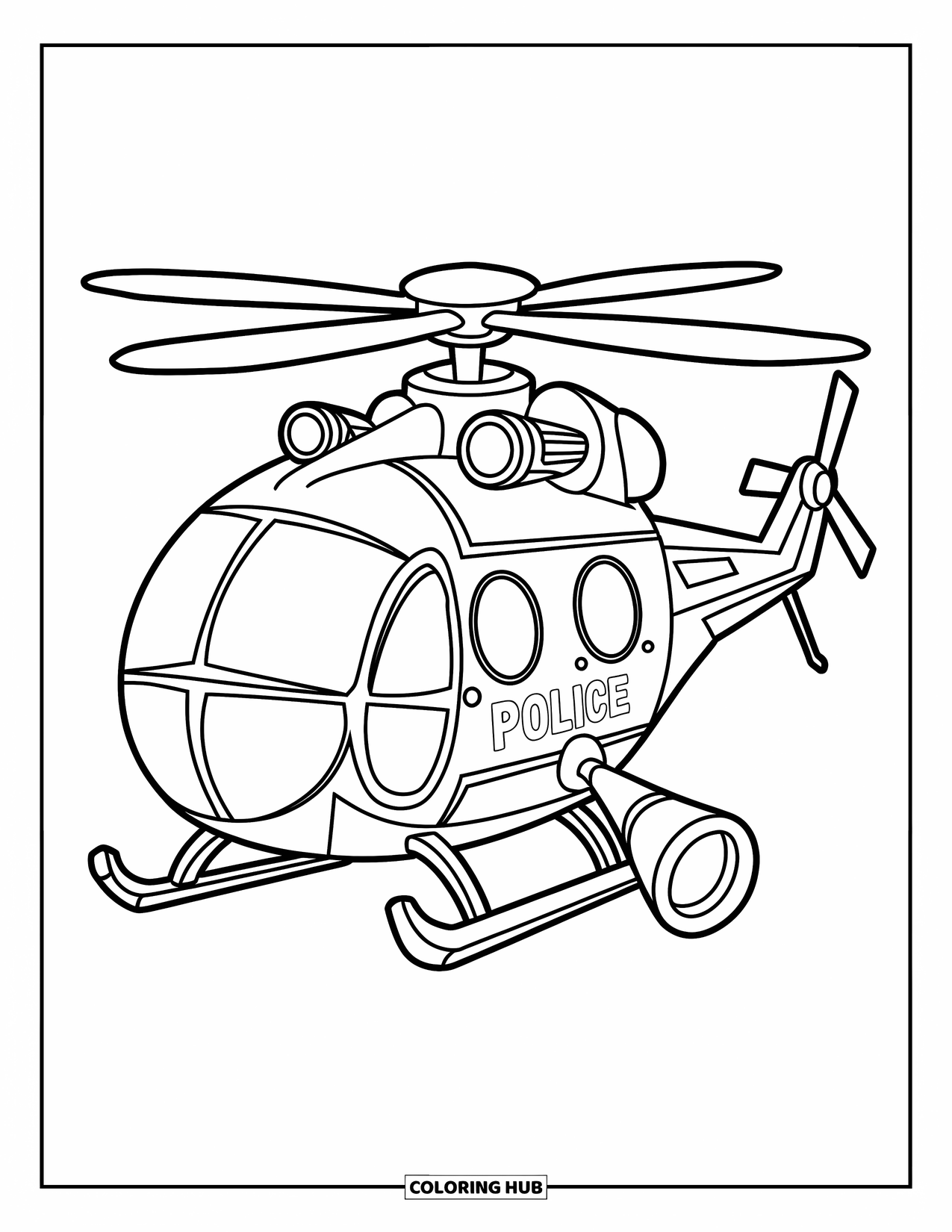 Police Coloring Page for Kids: A round police helicopter with two rotors and a spotlight on the side