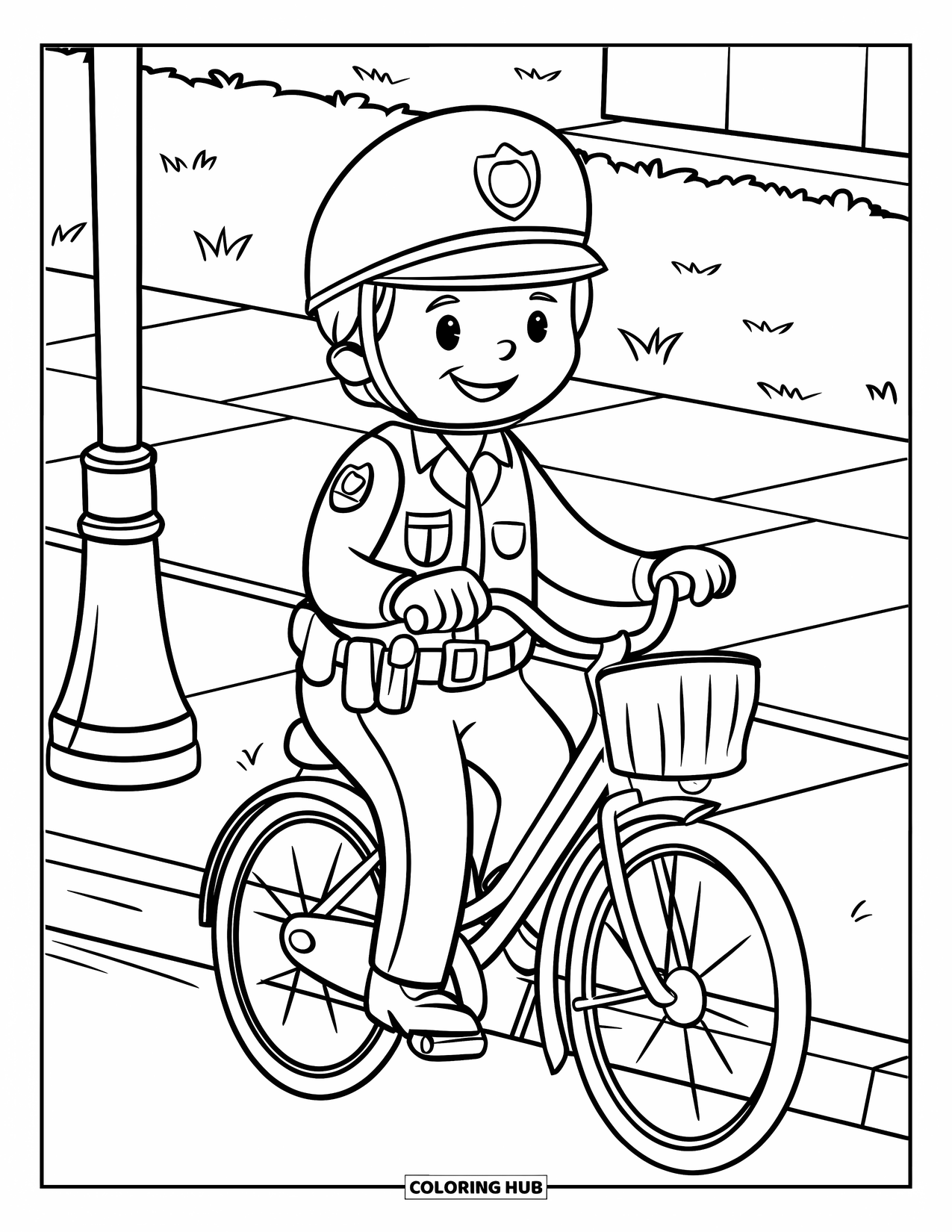 Police Coloring Page for Kids: A smiling officer rides a bicycle with a basket near a lamppost and grass