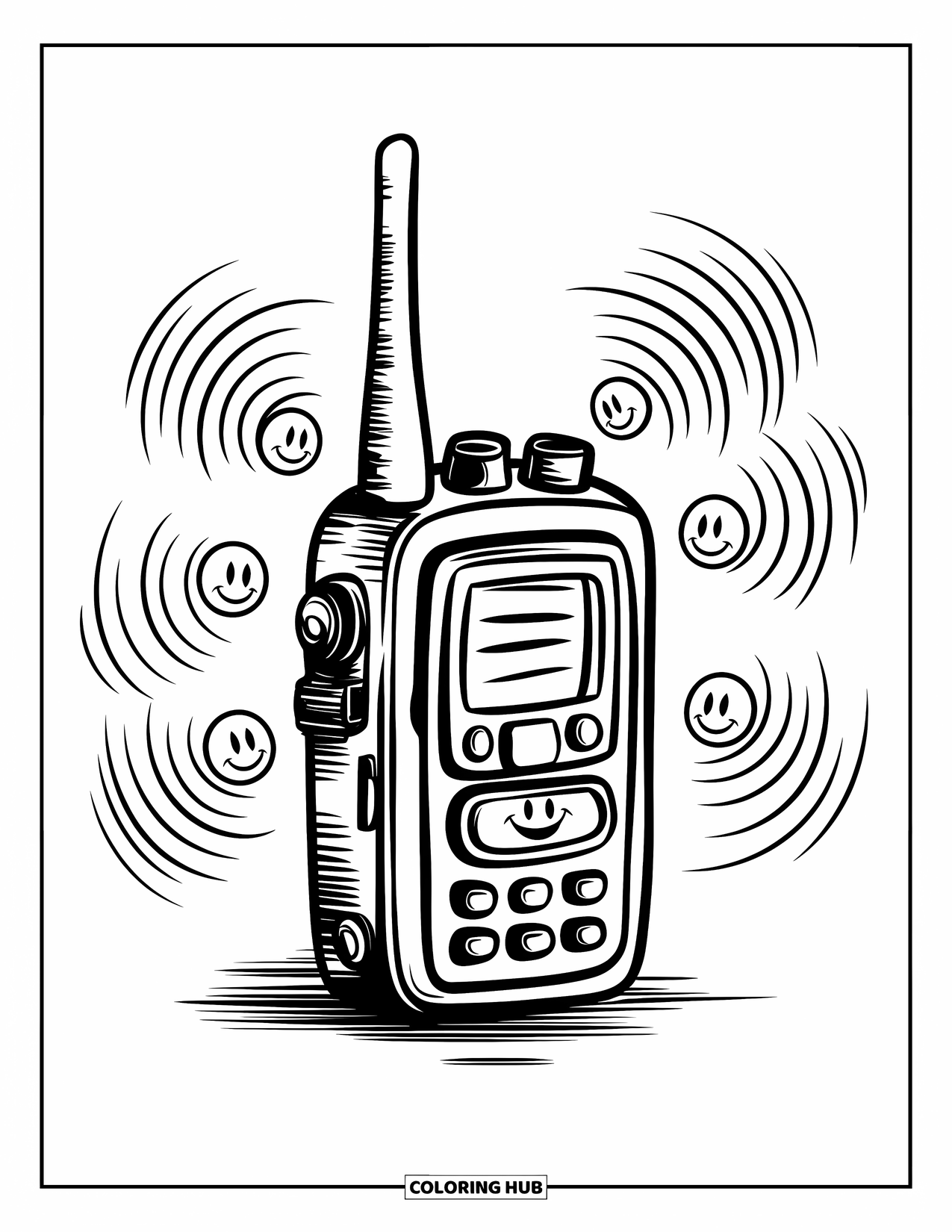 Police Coloring Page for Kids: A walkie-talkie with a spiral antenna and smiling radio waves around it