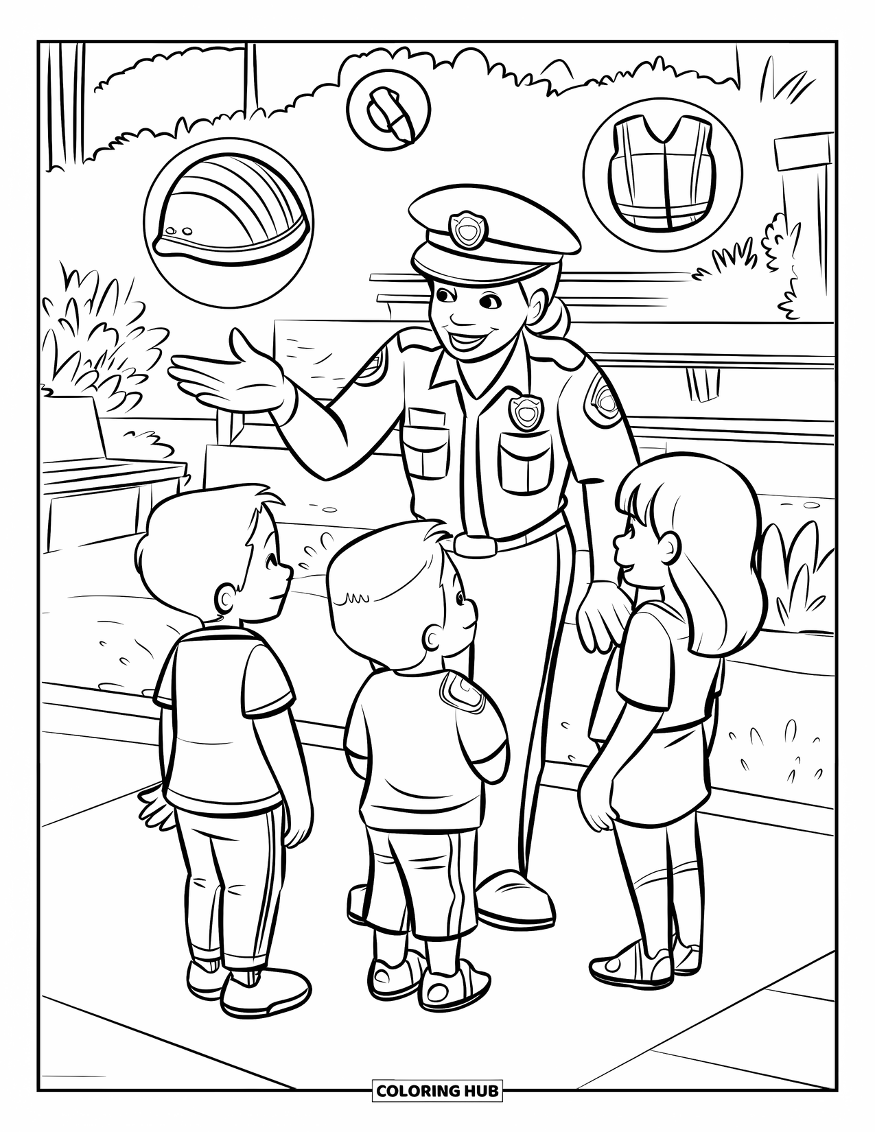 Police Coloring Page for Kids: An officer teaches three kids safety tips in a public space with benches