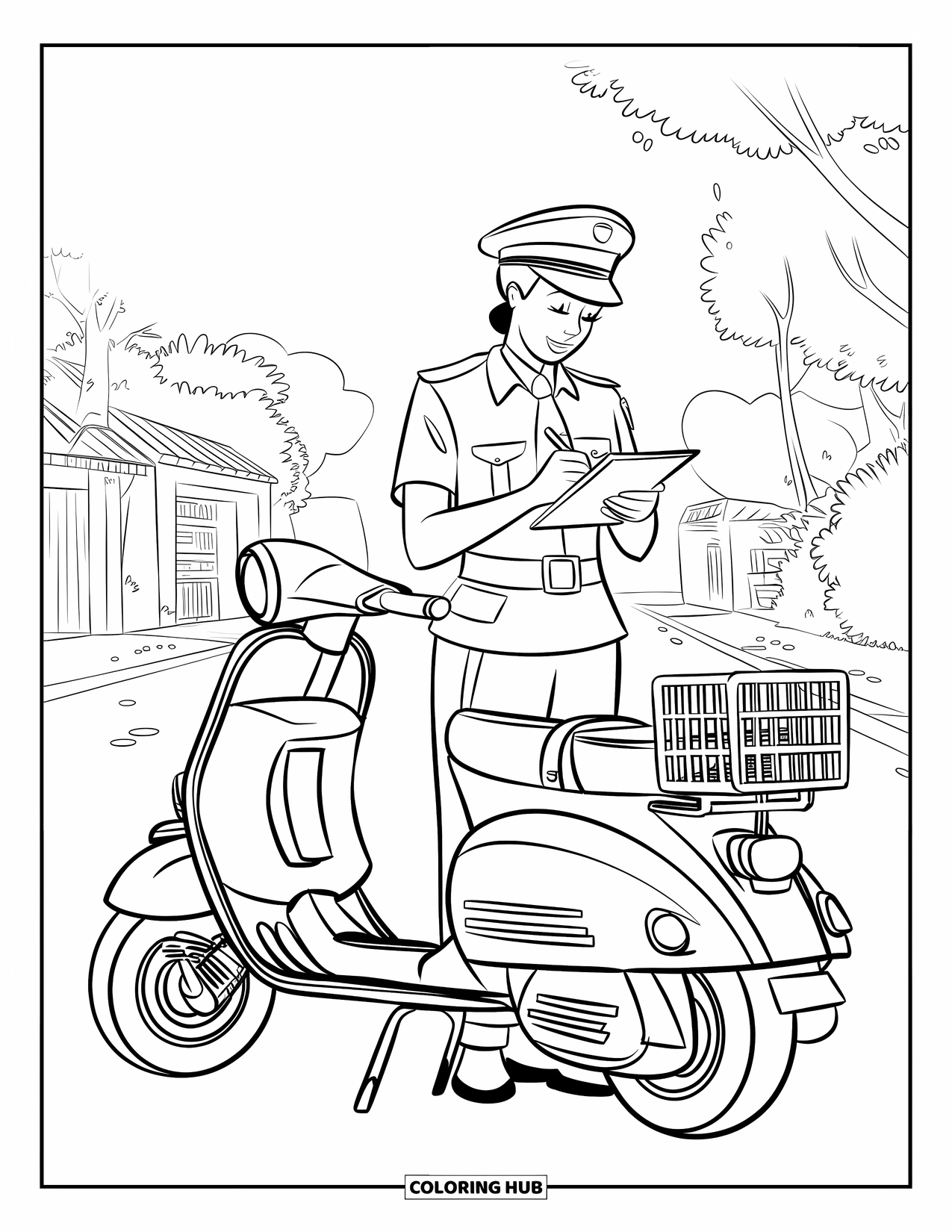 Police Coloring Page for Kids: An officer writes in a notepad beside a scooter on a peaceful street