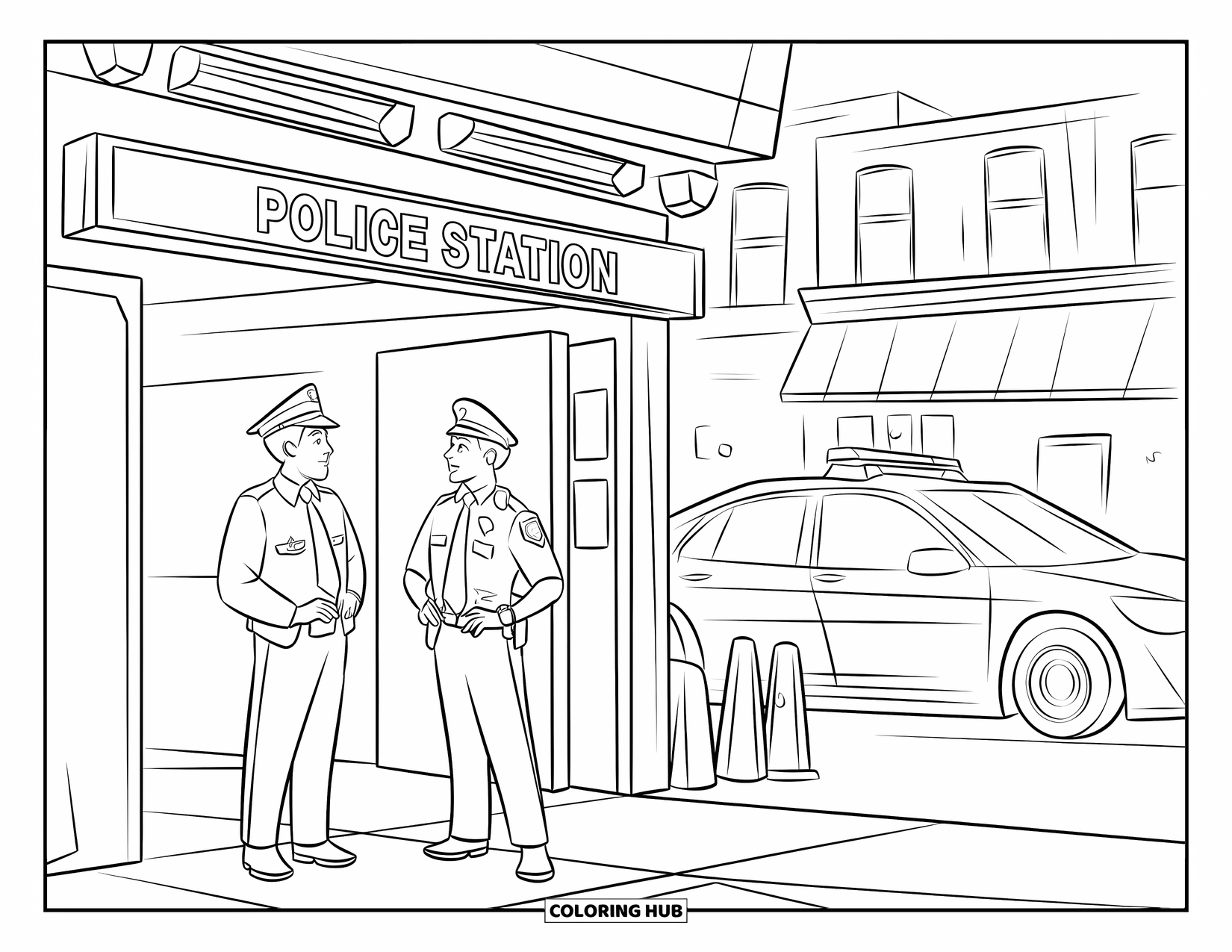 Police Coloring Page for Kids: Two officers talk near the police station entrance with a sign and parked car