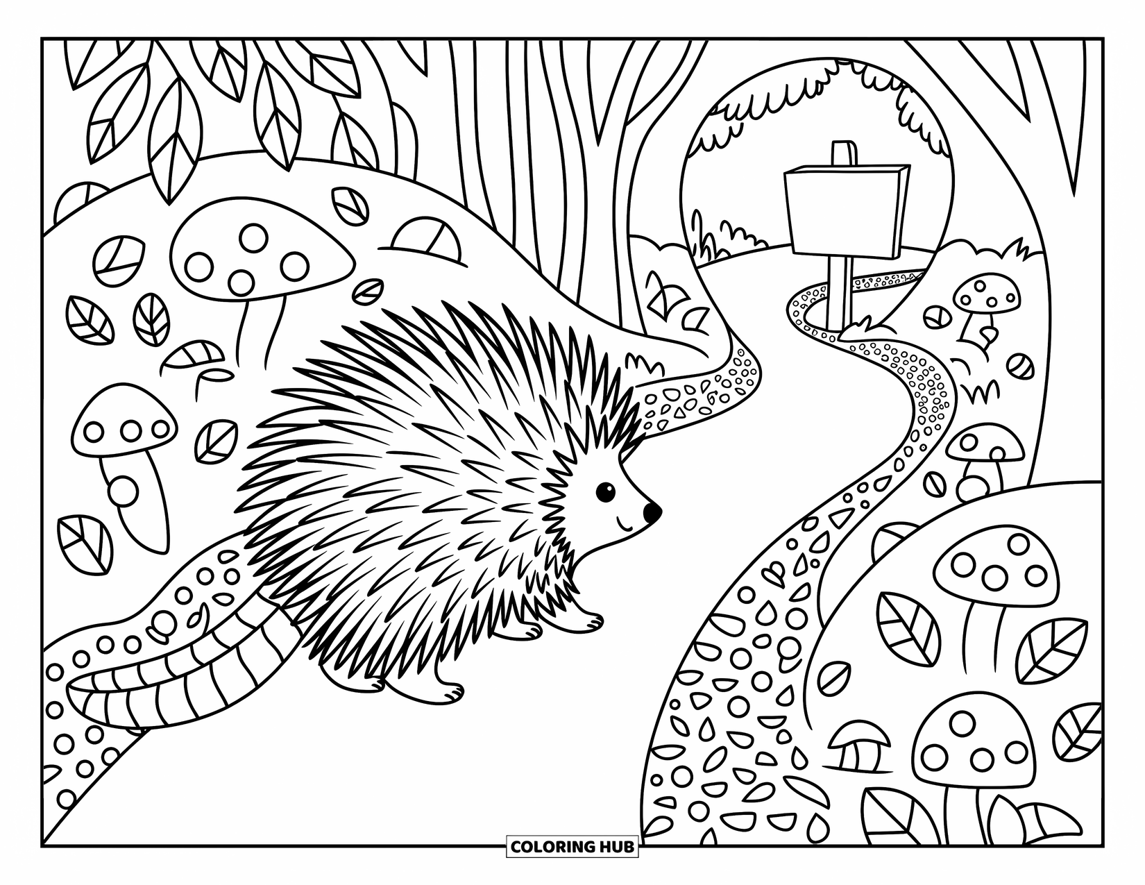 Porcupine Coloring Page for Adults: A kawaii porcupine walks along a cozy forest path with mushrooms and a curved sign