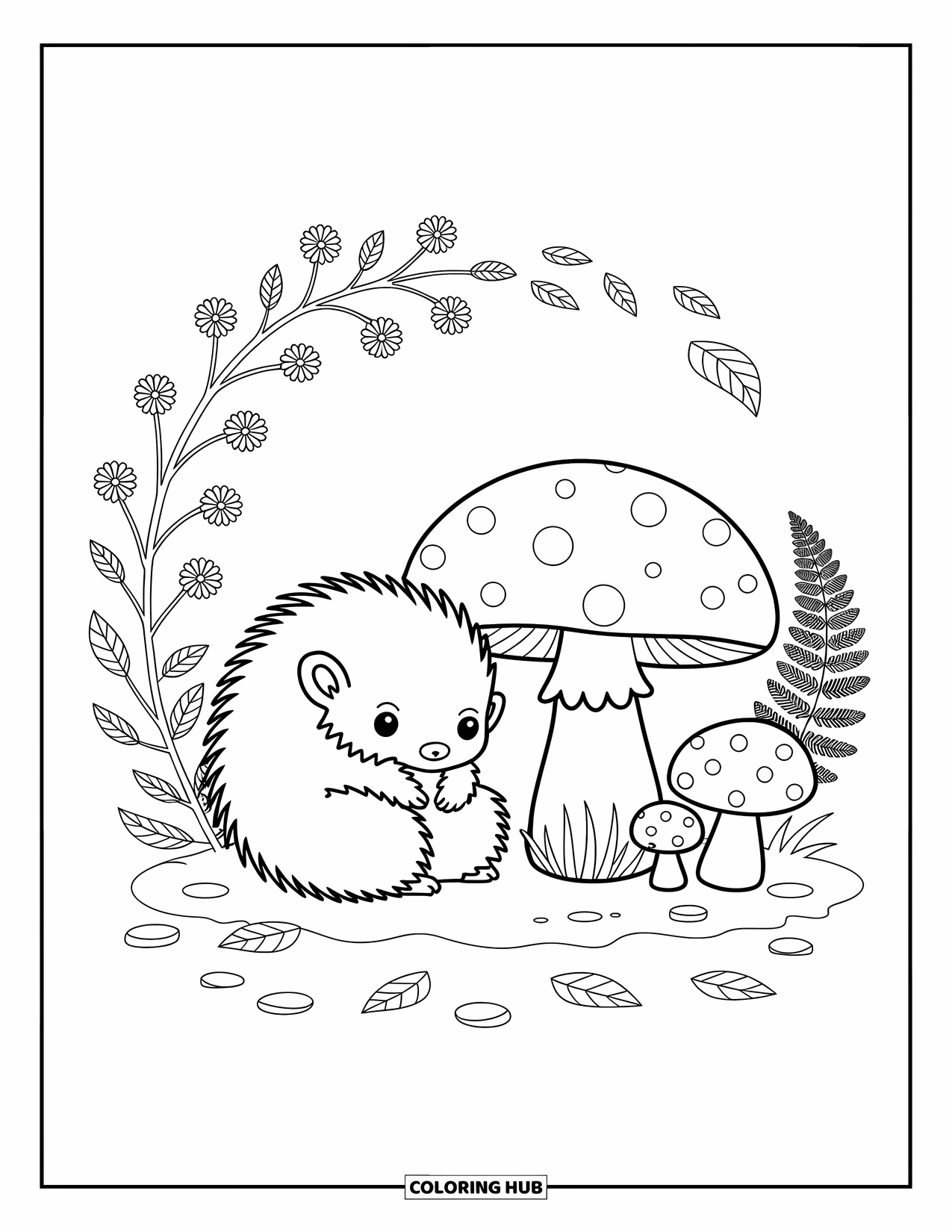 Porcupine Coloring Page for Adults: A porcupine curls up beside a big toadstool, surrounded by mushrooms and wildflowers