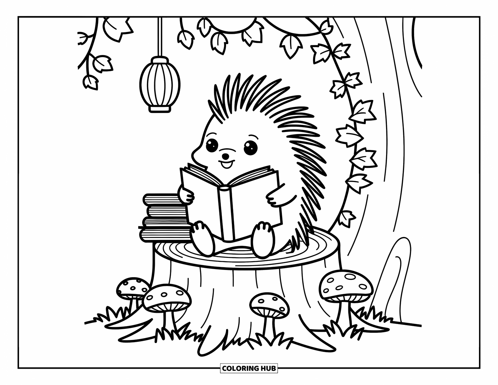 Porcupine Coloring Page for Adults: A porcupine reads quietly on a stump, with mushrooms, books, and a lantern nearby