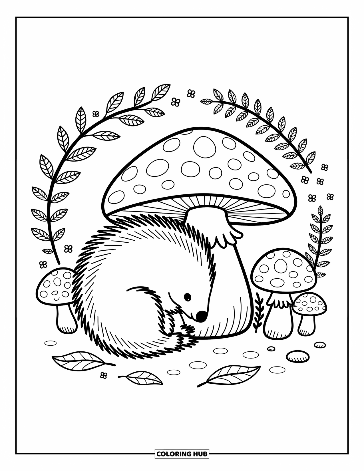 Porcupine Coloring Page for Adults: A porcupine rests beside a large mushroom with ferns, flowers, and scattered leaves