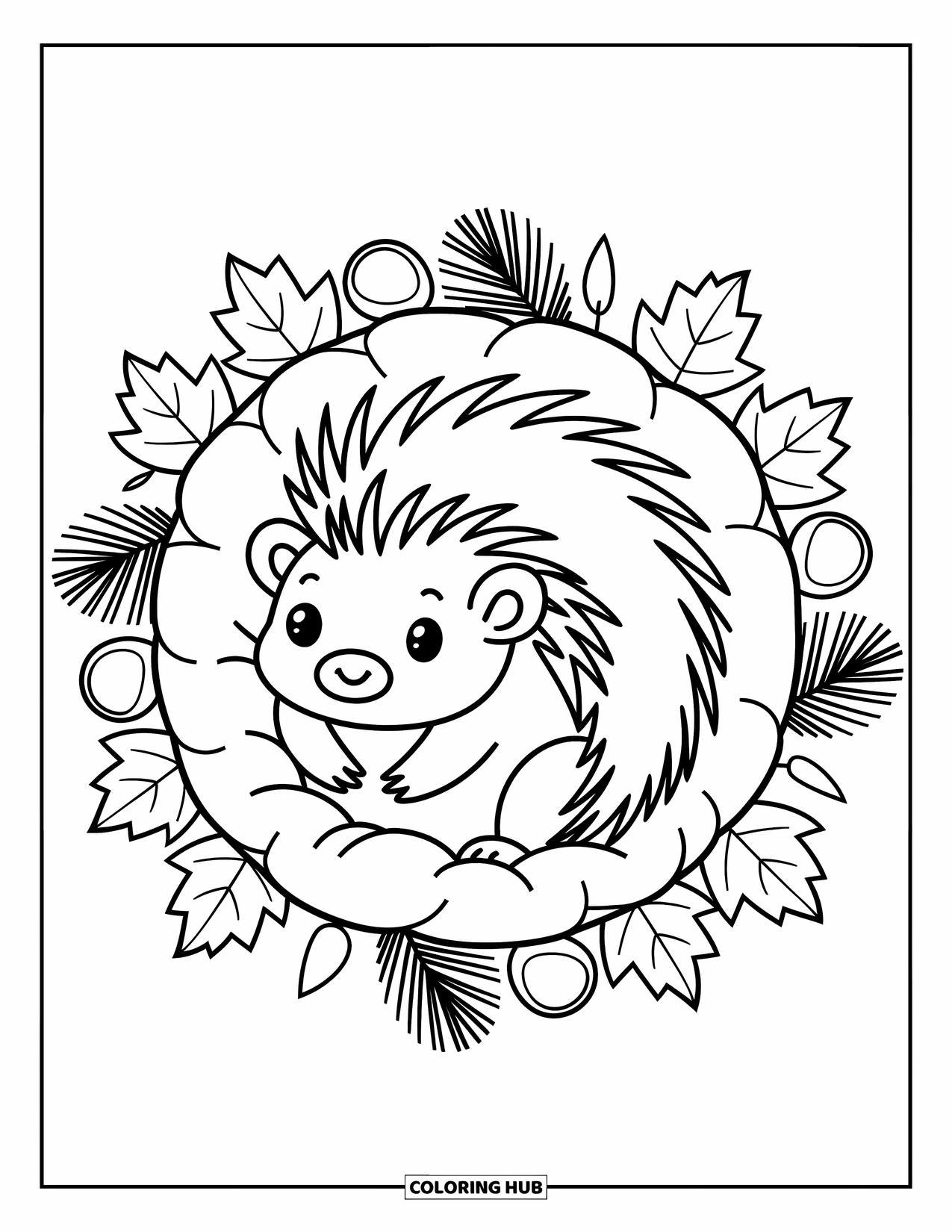 Porcupine Coloring Page for Adults: A porcupine rests in a circle of autumn leaves with chestnuts and pine needles