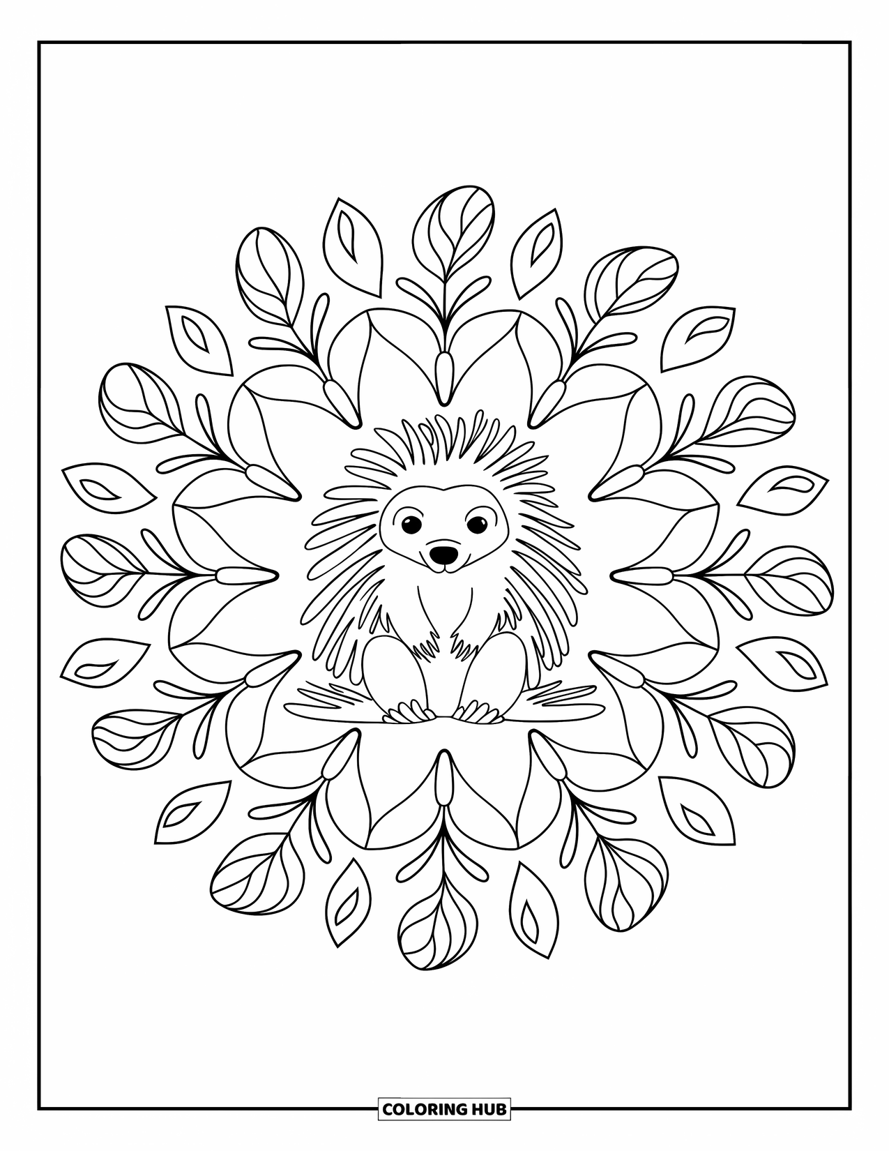 Porcupine Coloring Page for Adults: A porcupine sits calmly in a leaf-filled mandala with a simple background