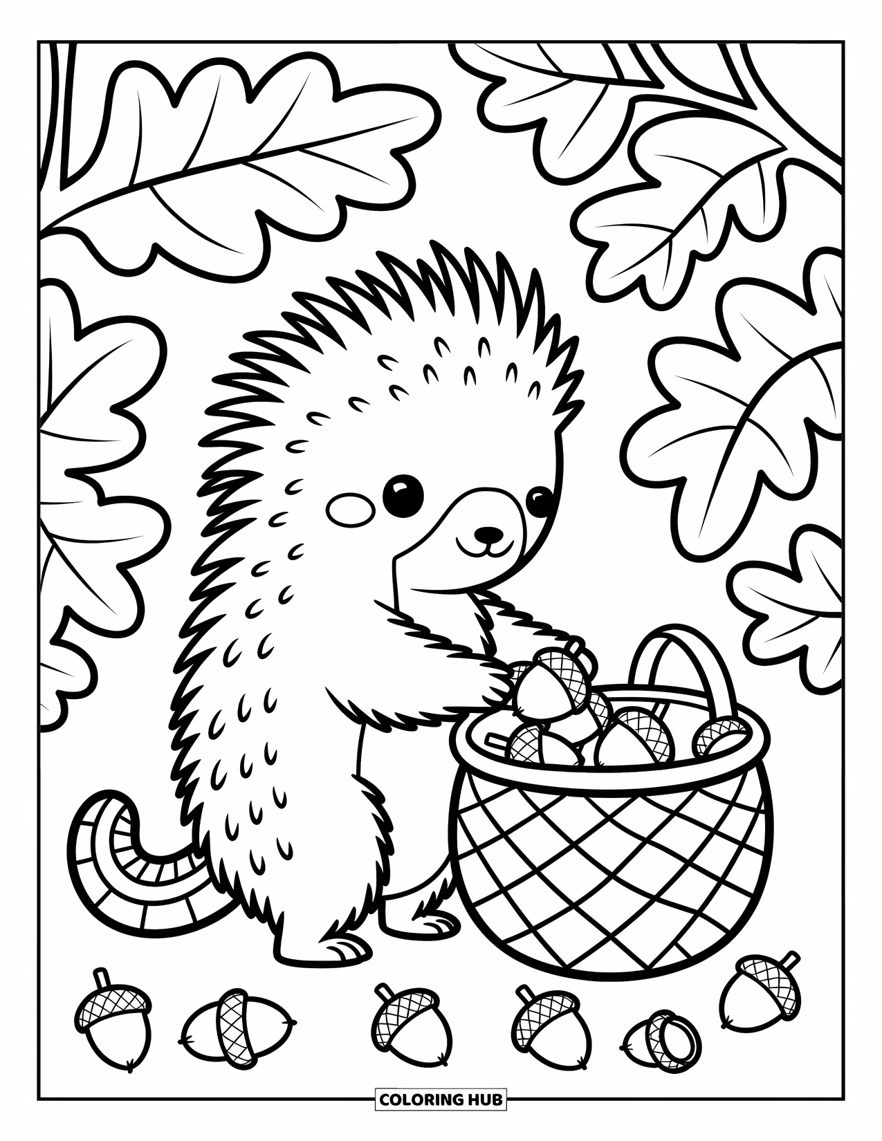 Porcupine Coloring Page for Adults: A porcupine stands placing acorns into a leafy basket under cozy oak trees