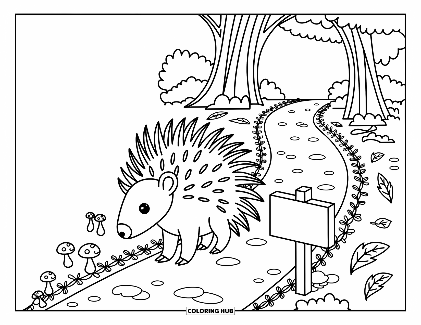 Porcupine Coloring Page for Adults: A porcupine walks a winding trail lined with leaves, vines, and a whimsical signpost