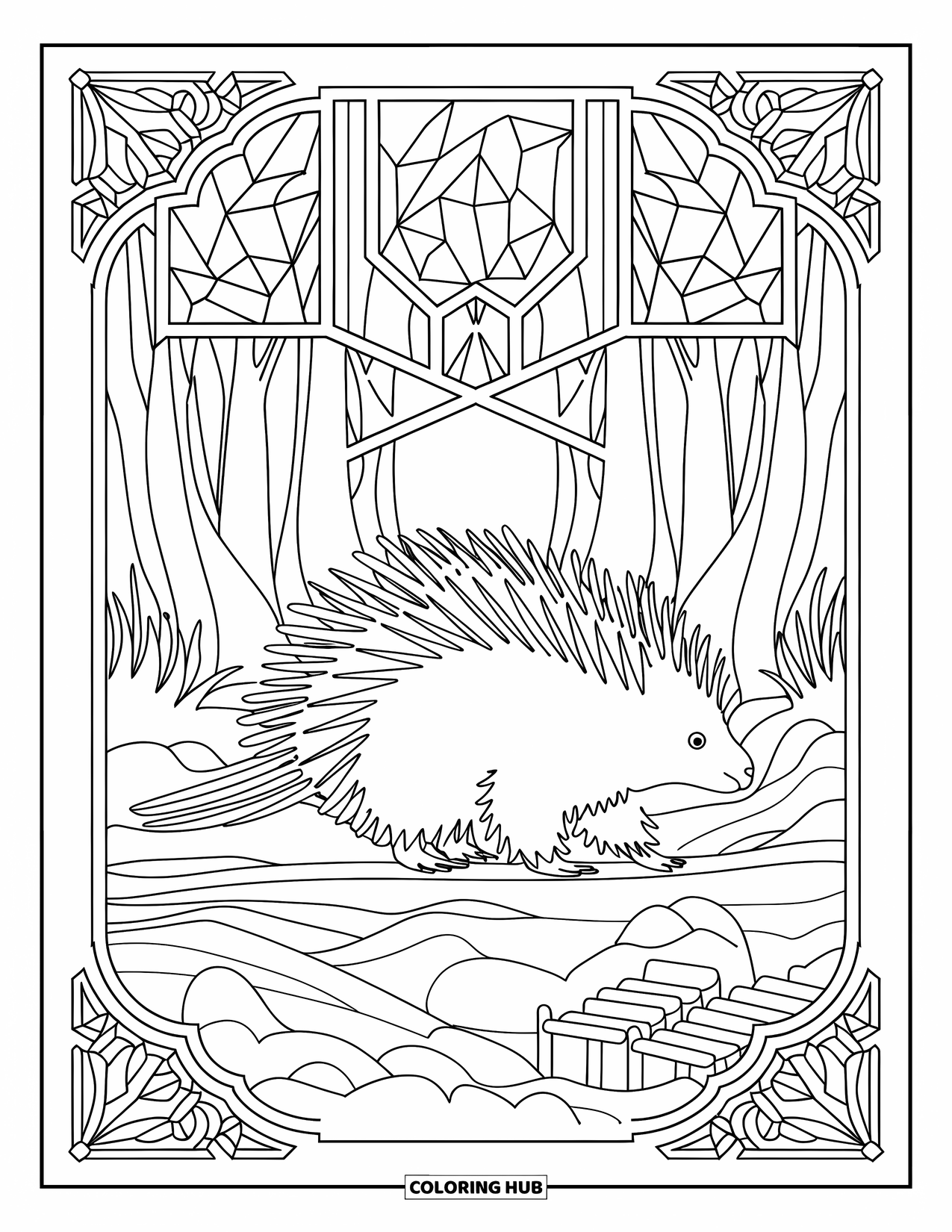 Porcupine Coloring Page for Adults: A porcupine walks beside a river trail framed with stained glass and trees