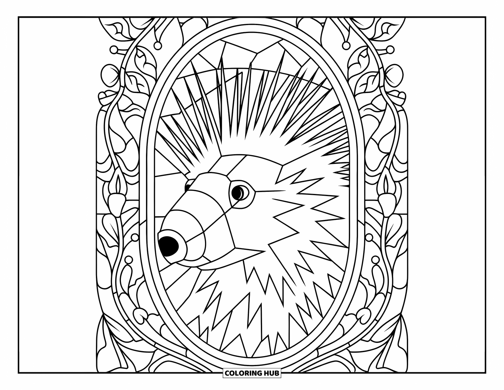 Porcupine Coloring Page for Adults: A porcupine's face is framed in a stained glass window filled with leaves and vines