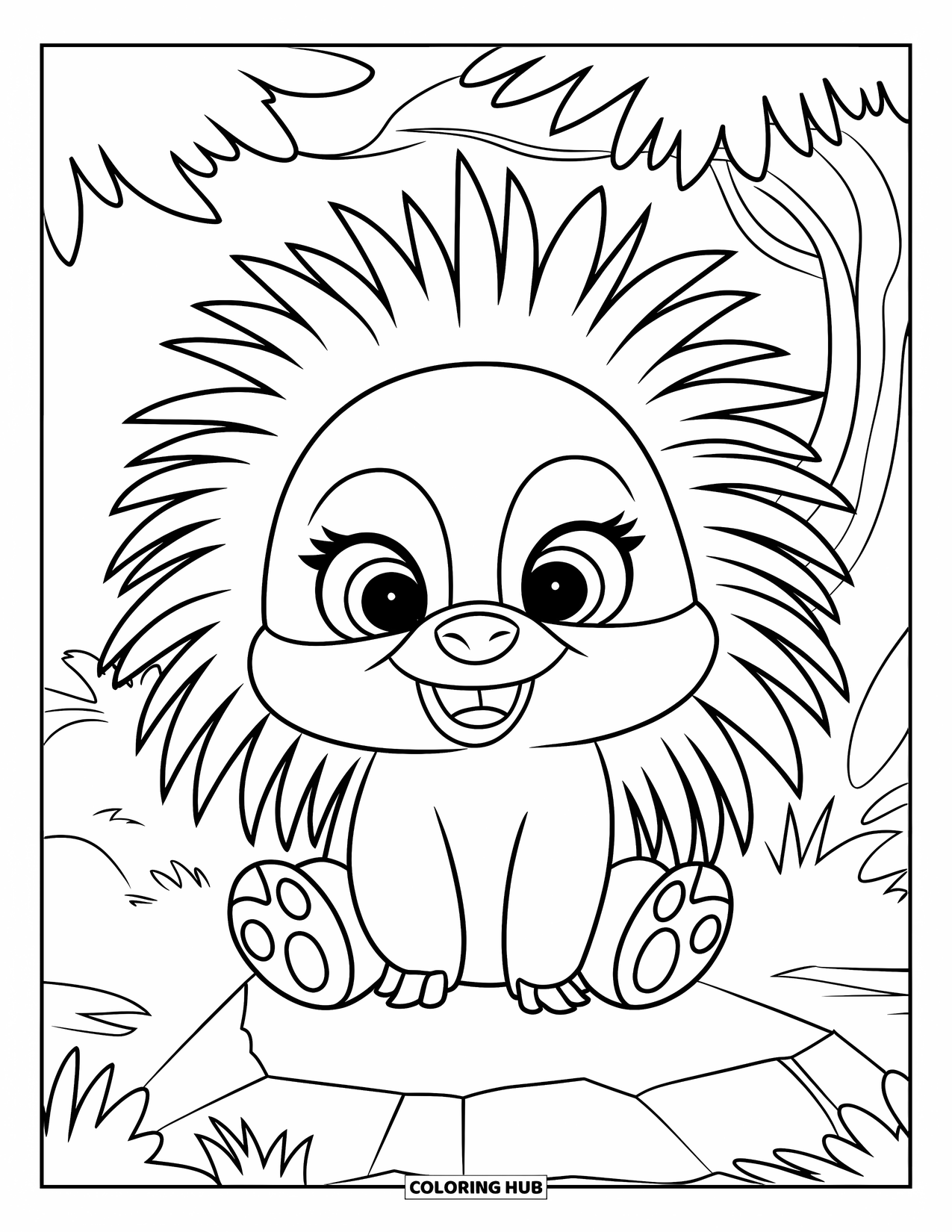 Porcupine Coloring Page for Kids: A happy porcupine sits on a rock in a bright forest, looking cheerful and cute