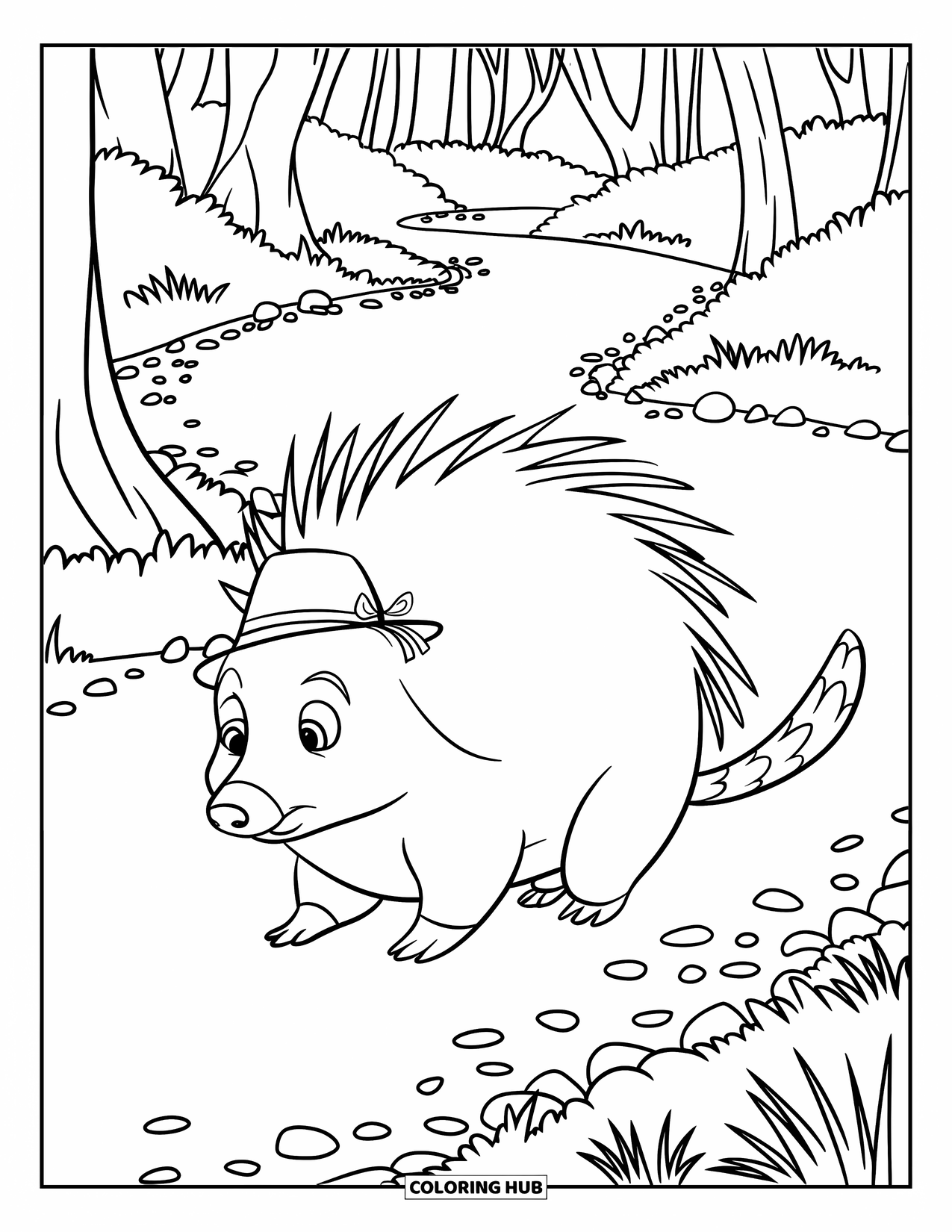 Porcupine Coloring Page for Kids: A porcupine in a ribboned hat walks a forest path with grass and pebbles