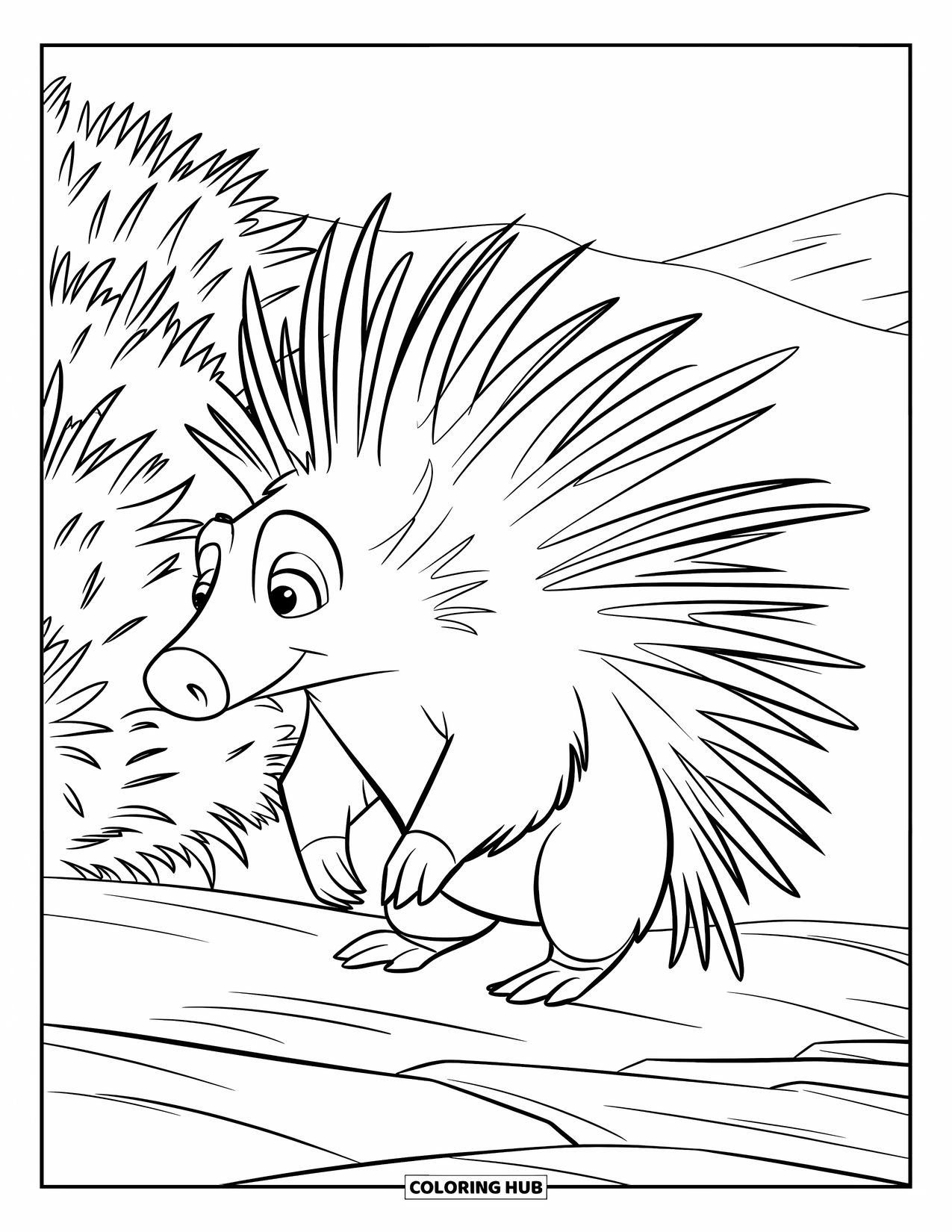 Porcupine Coloring Page for Kids: A porcupine pauses near thorny bushes on rocky ground