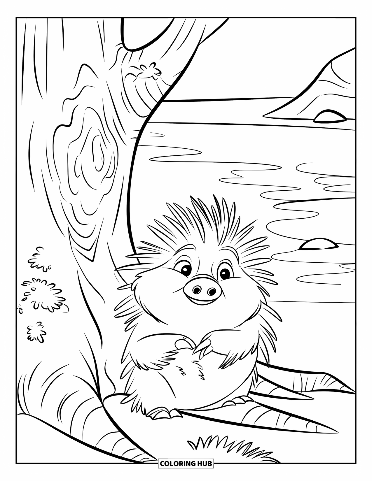 Porcupine Coloring Page for Kids: A porcupine relaxes next to an old tree with water nearby