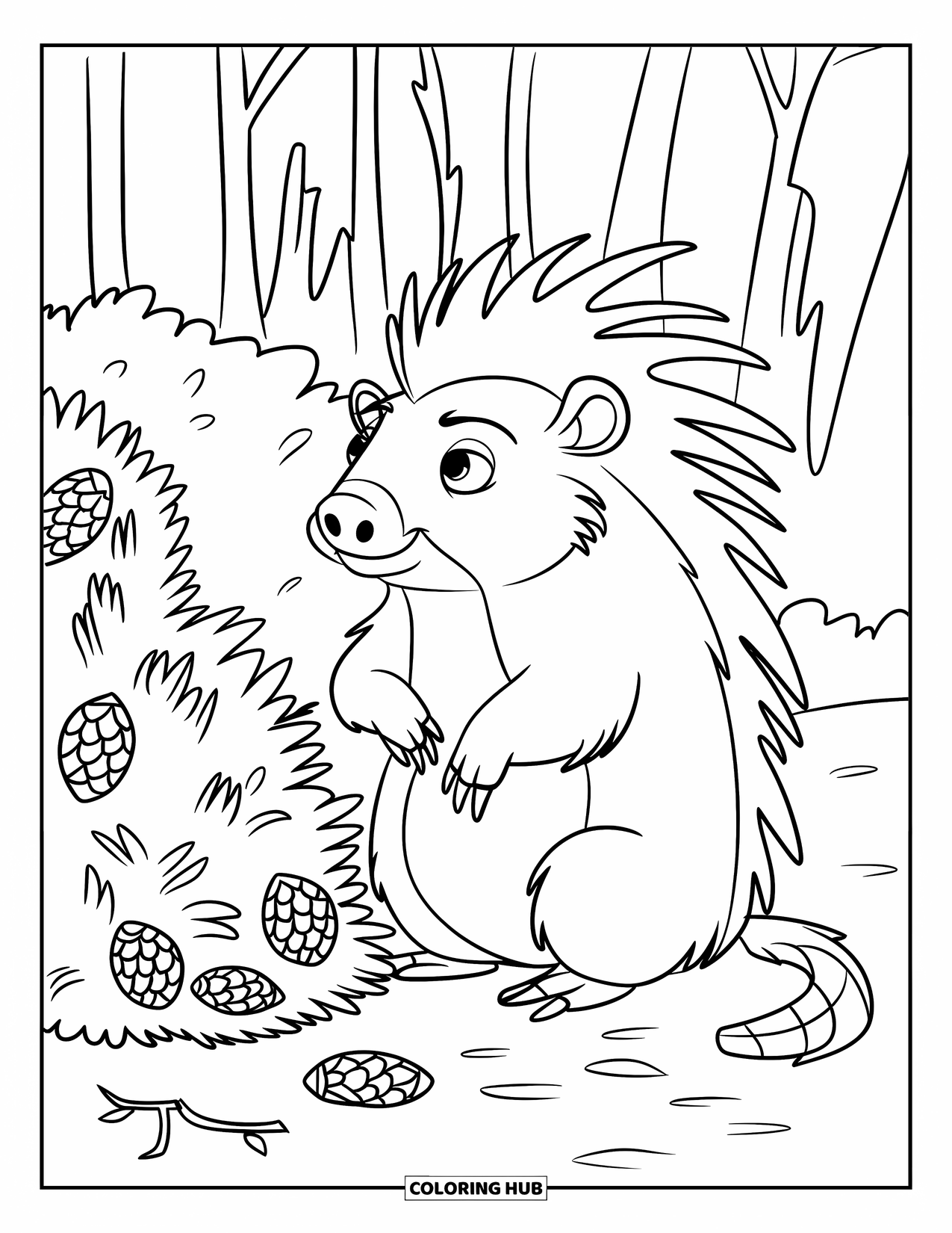 Porcupine Coloring Page for Kids: A porcupine sits near a bush with pinecones and fallen branches