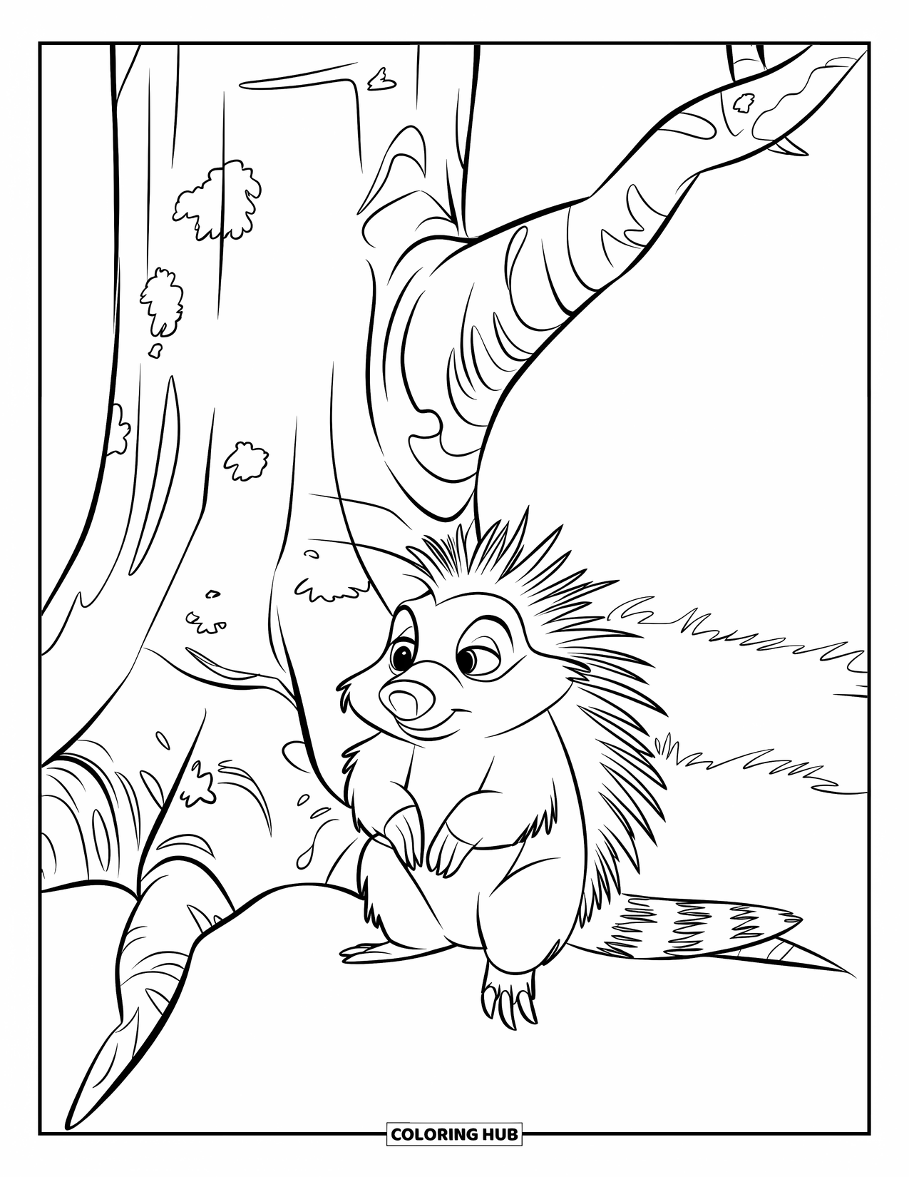 Porcupine Coloring Page for Kids: A porcupine sits on its hind legs beside a wide tree trunk