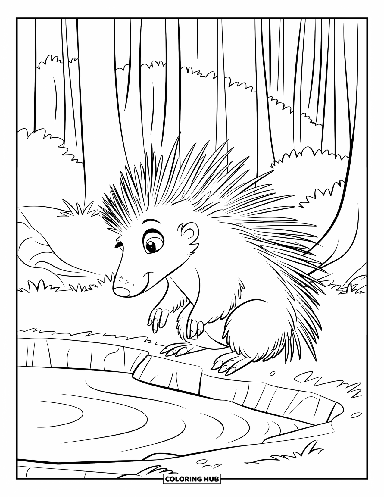 Porcupine Coloring Page for Kids: A porcupine sits peacefully by a small pond in a quiet forest