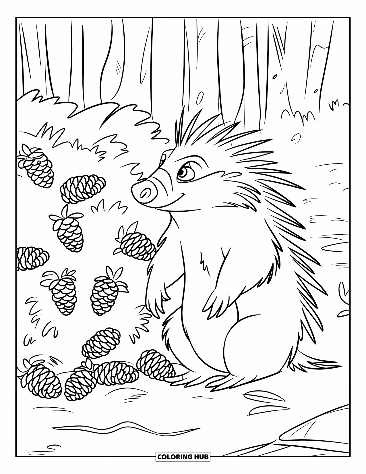 Porcupine Coloring Page for Kids: A porcupine sits upright beside a pinecone bush in the forest
