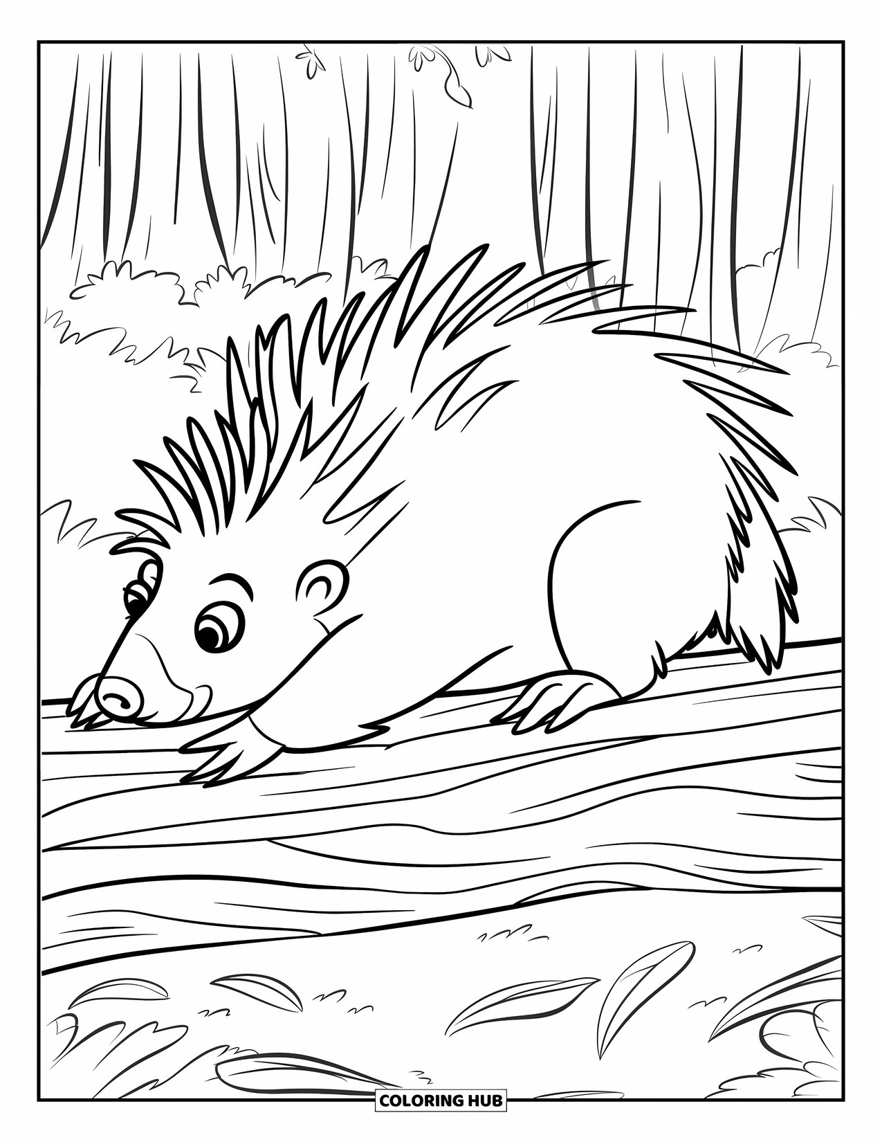 Porcupine Coloring Page for Kids: A porcupine stretches on a fallen log among forest trees and leaves