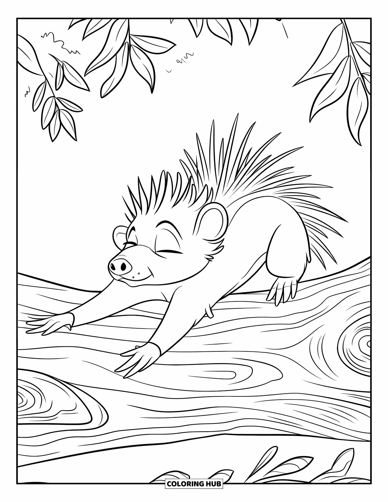 Porcupine Coloring Page for Kids: A porcupine stretches tall on a forest log, reaching its quills skyward