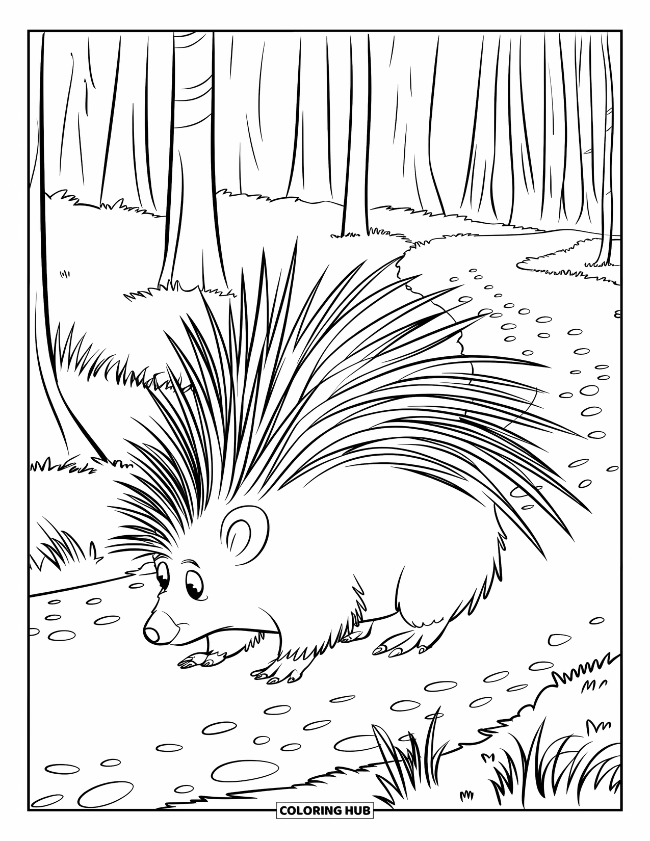 Porcupine Coloring Page for Kids: A porcupine walks along a forest path surrounded by trees, grass, and pebbles