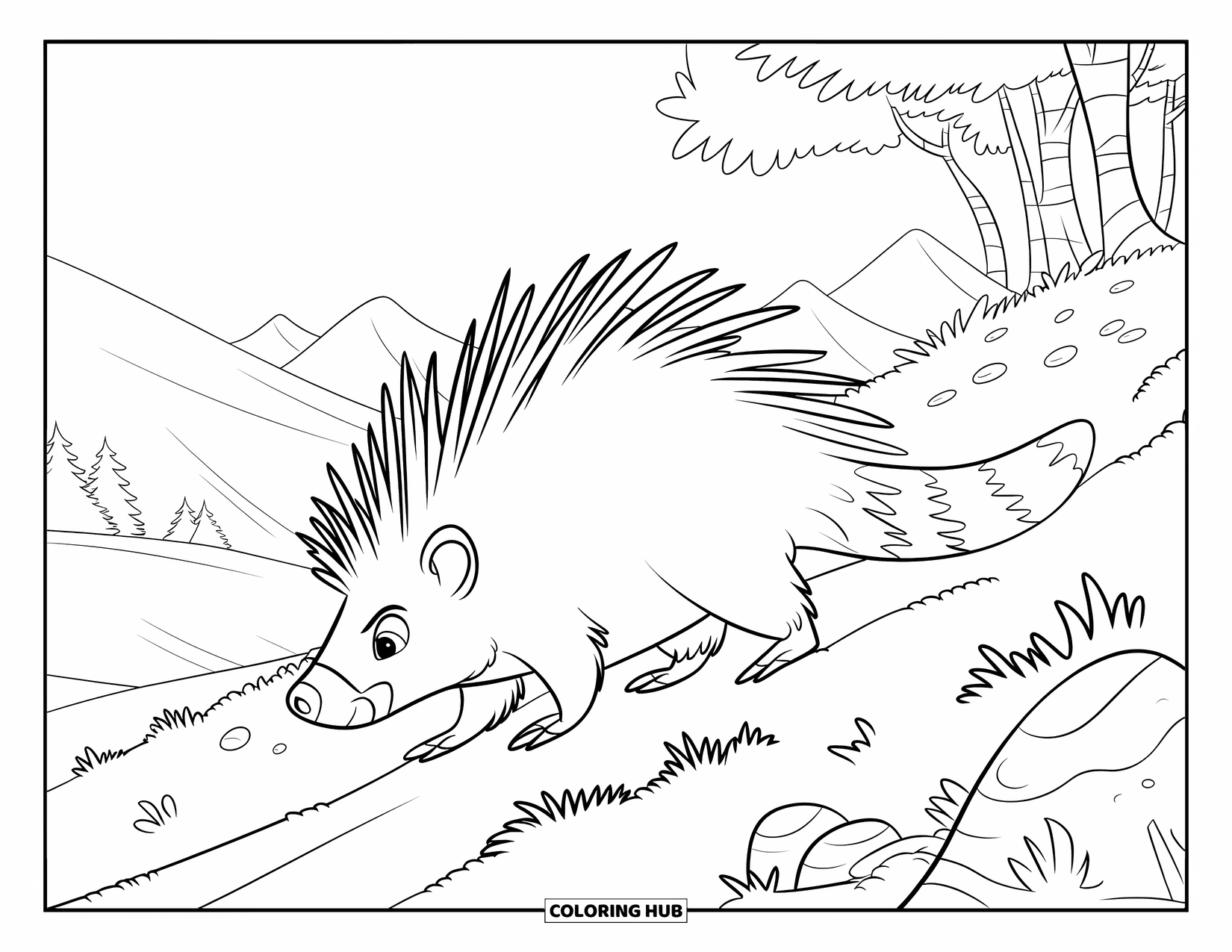 Porcupine Coloring Page for Kids: A porcupine walks along a grassy hillside with rocks and trees in the distance