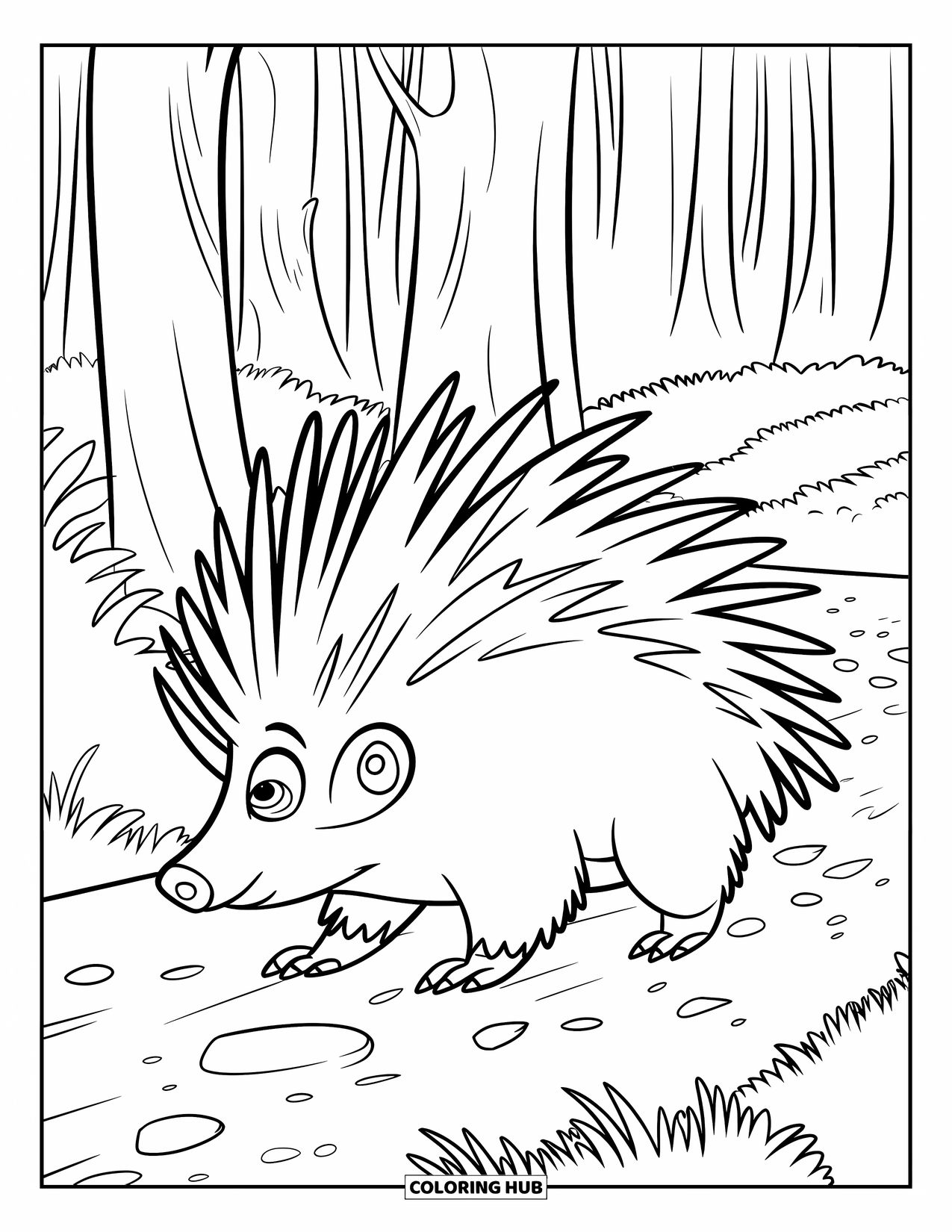 Porcupine Coloring Page for Kids: A porcupine walks to the right along a forest path lined with trees and grass