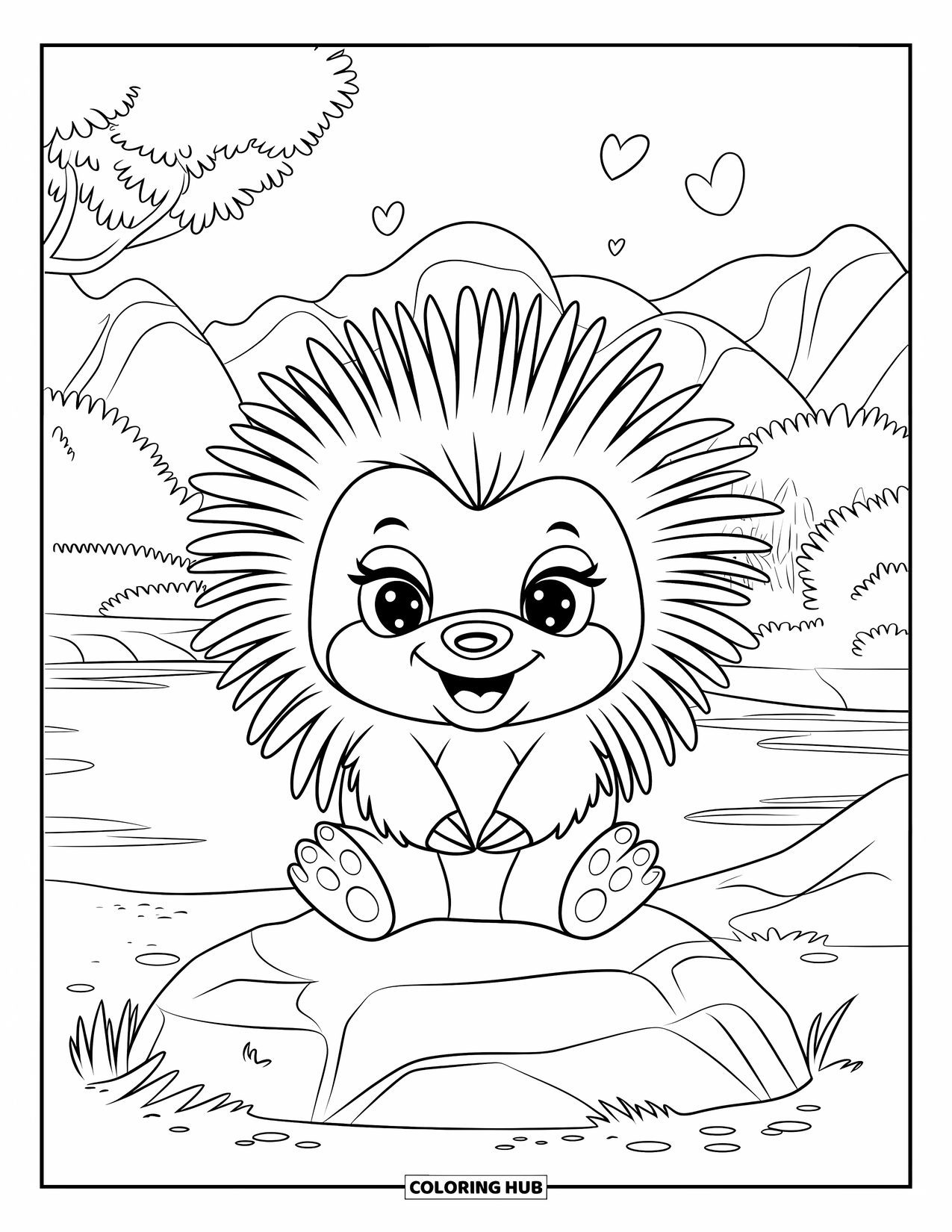 Porcupine Coloring Page for Kids: A porcupine with bold spines sits on a rock near water, trees, and floating hearts