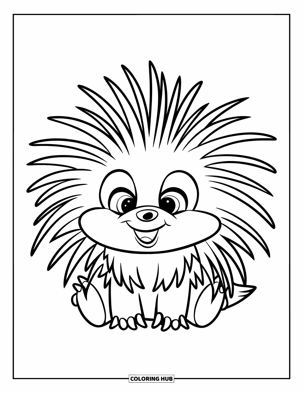 Porcupine Coloring Page for Kids: A smiling porcupine sits quietly alone with bold spines and a simple, sweet design