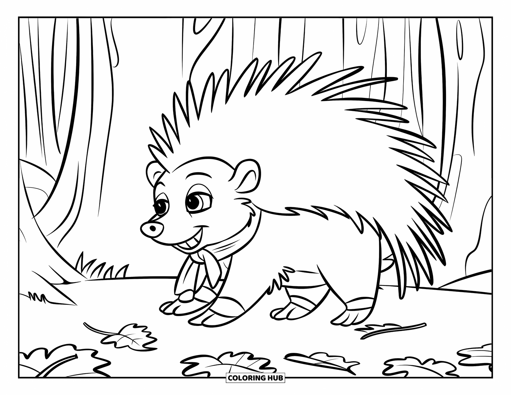 Porcupine Coloring Page for Kids: A smiling porcupine wearing a scarf walks through a forest of autumn leaves