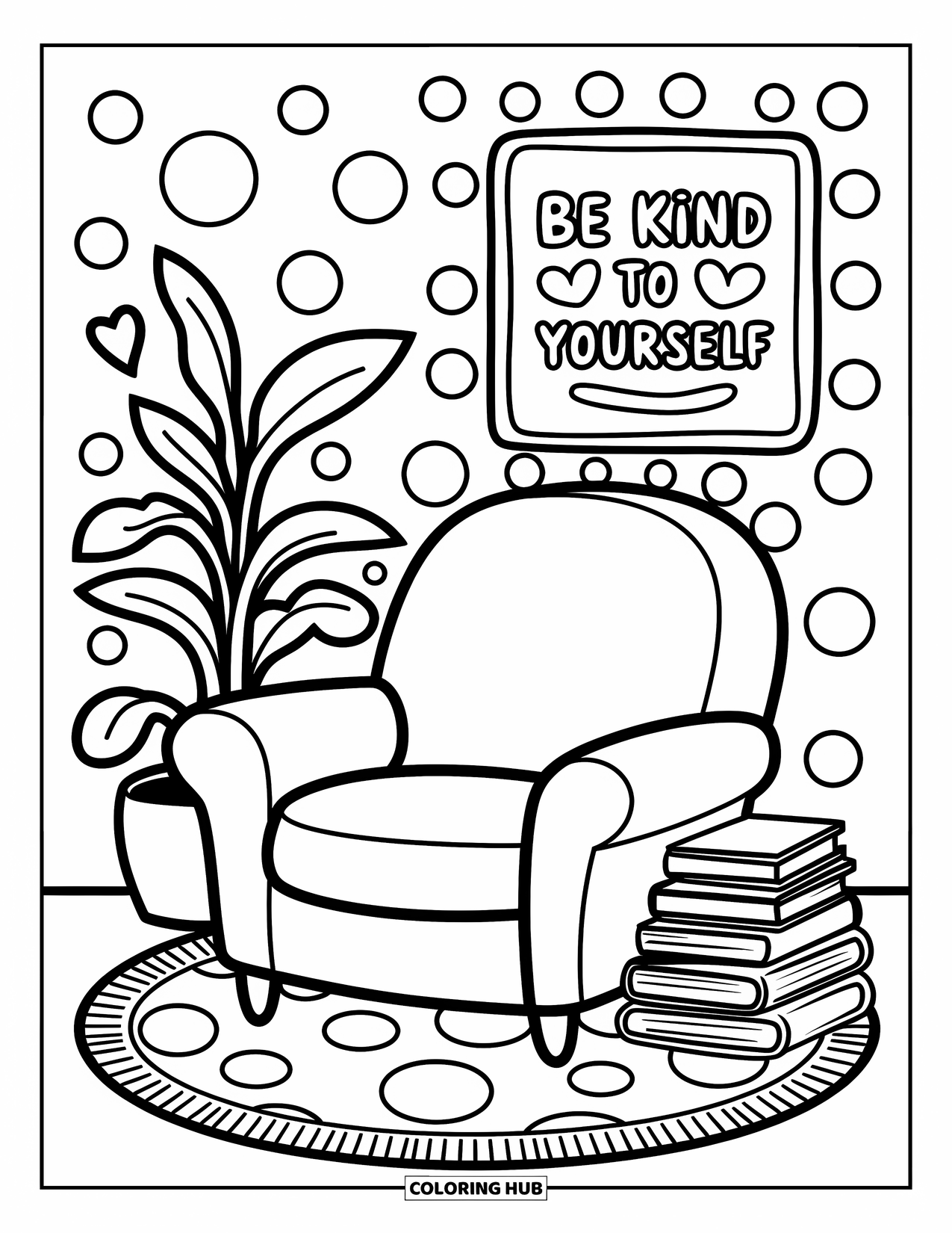 Positive Self Talk Coloring Page for Adults: "Be kind to yourself" glowing above a snug reading corner with books and a plant