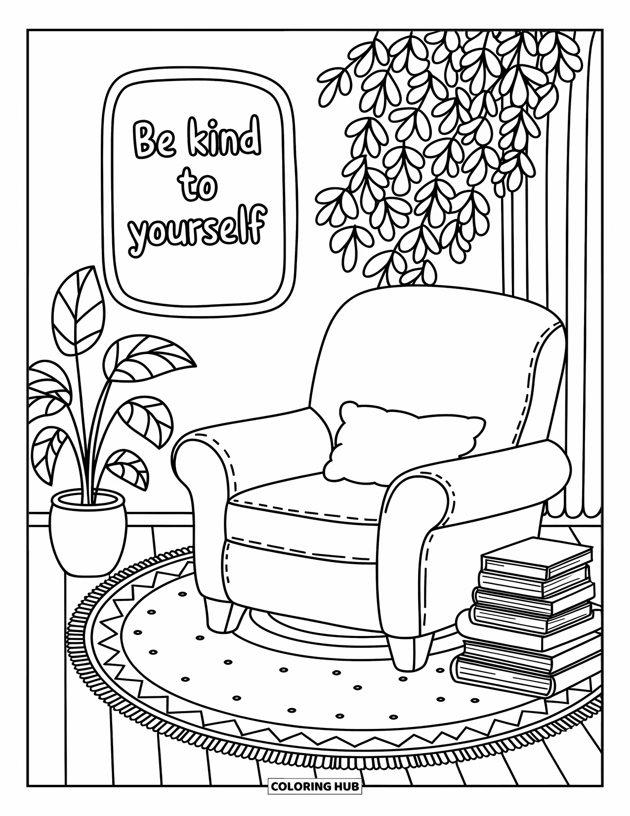 Positive Self Talk Coloring Page for Adults: "Be kind to yourself" written above a comfy reading nook with books and a plant