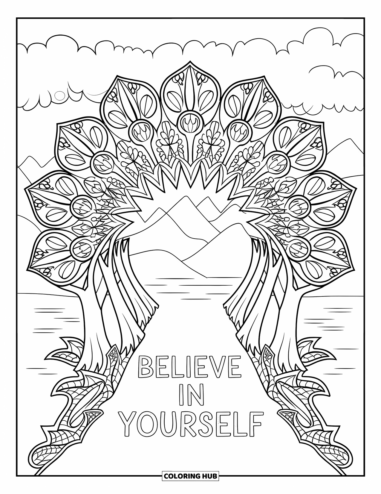 Positive Self Talk Coloring Page for Adults: "Believe in Yourself" glowing on a path toward a mandala forest archway with trees