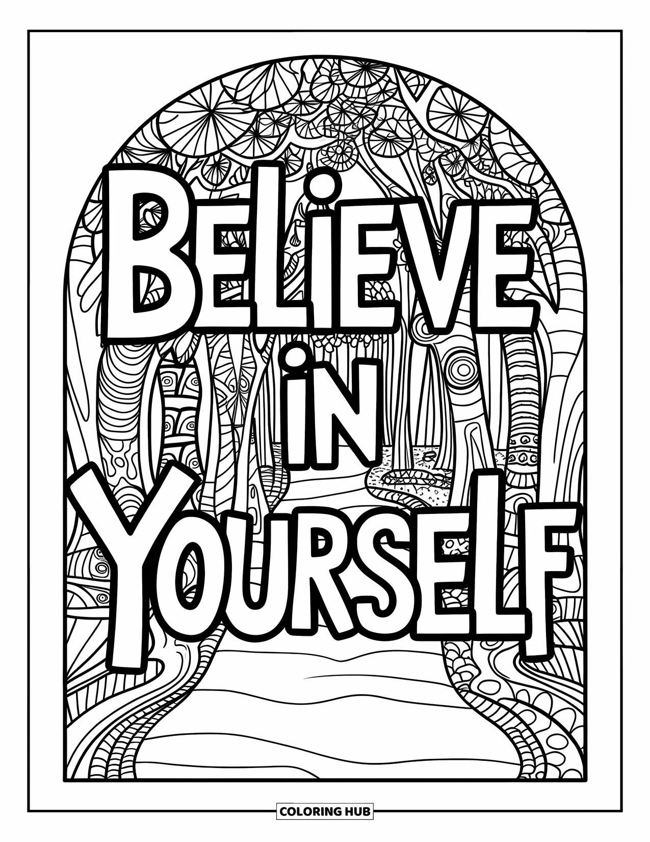 Positive Self Talk Coloring Page for Adults: "Believe in Yourself" written on a path leading into a mandala forest archway
